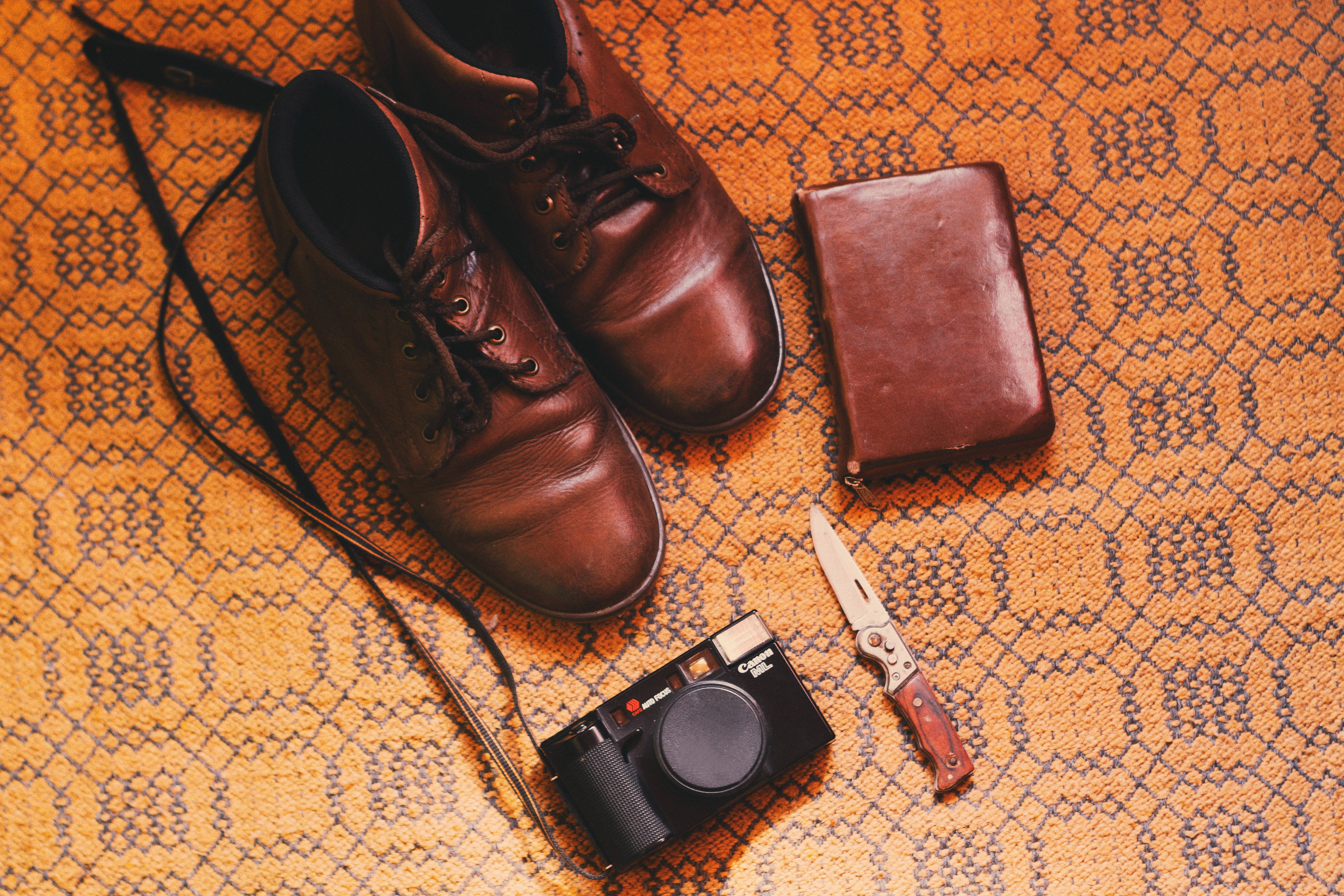 brown leather shoes, brown leather boots, camera wallet, 5K Desktop Wallpaper