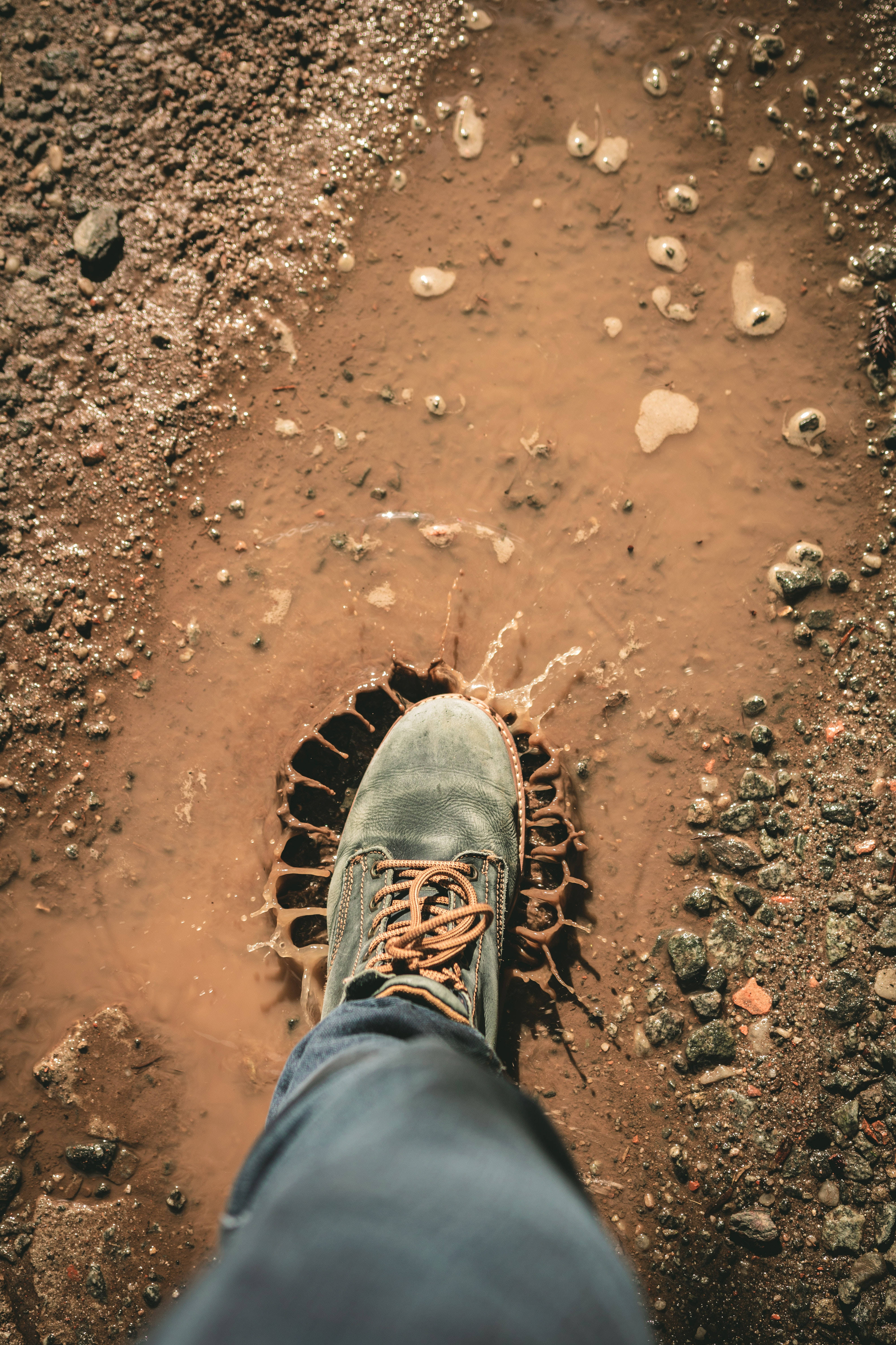 rugged boot, muddy puddle, wet footprint, 5K Phone Wallpaper