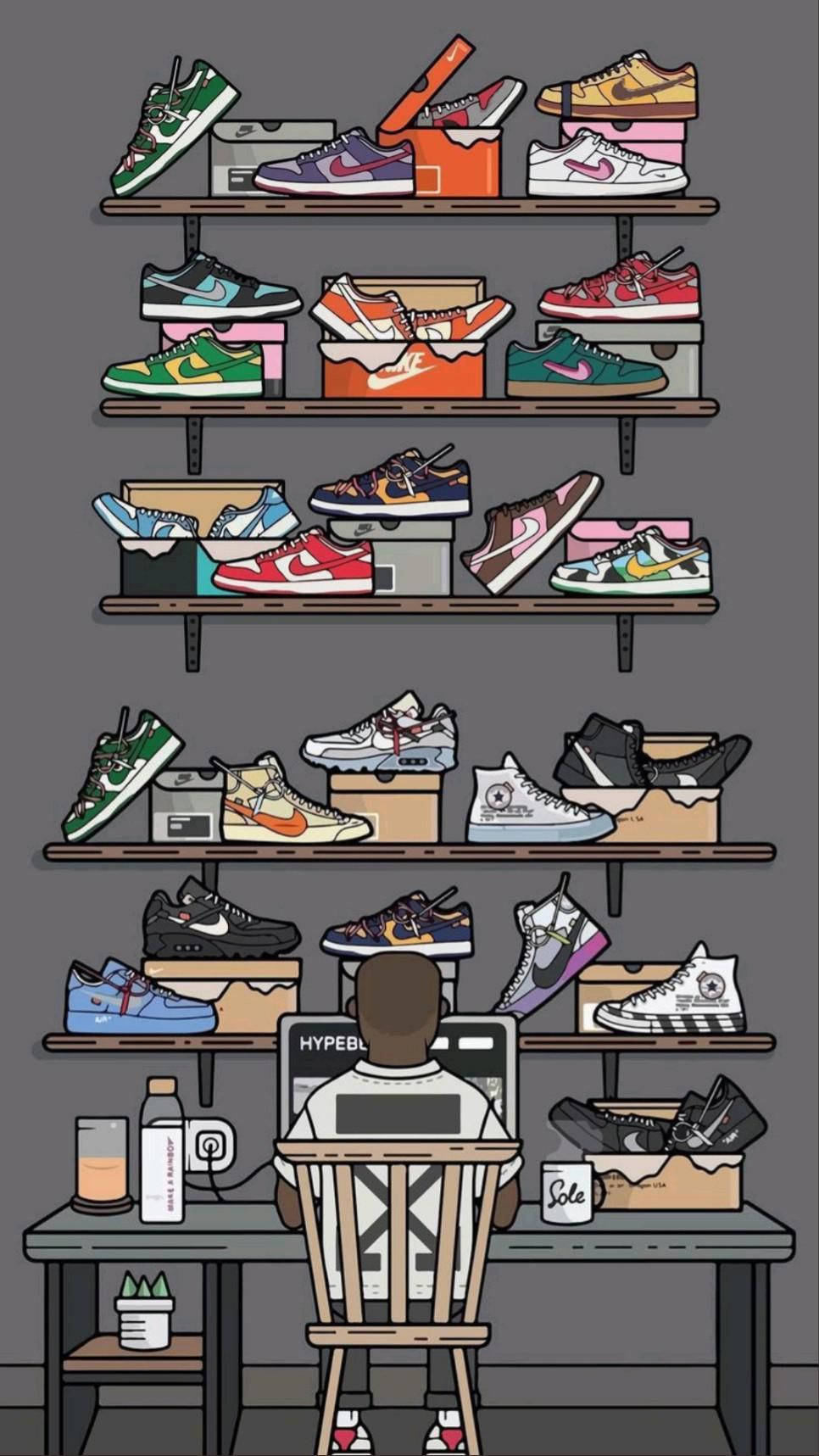 cartoon sneaker, shelves, colorful sneakers, HD Phone Wallpaper