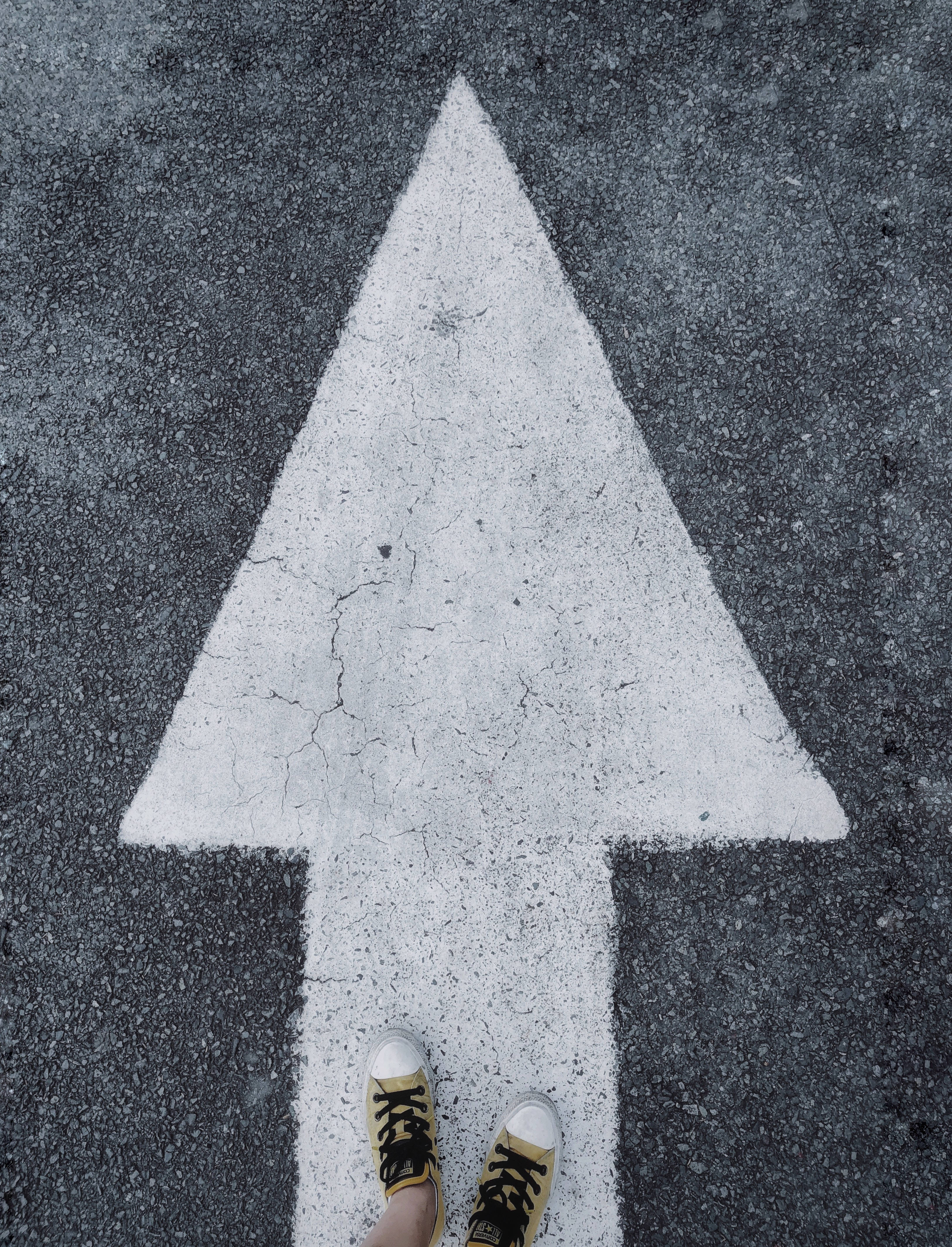 yellow sneakers, white arrow, dark asphalt, 4K Phone Wallpaper