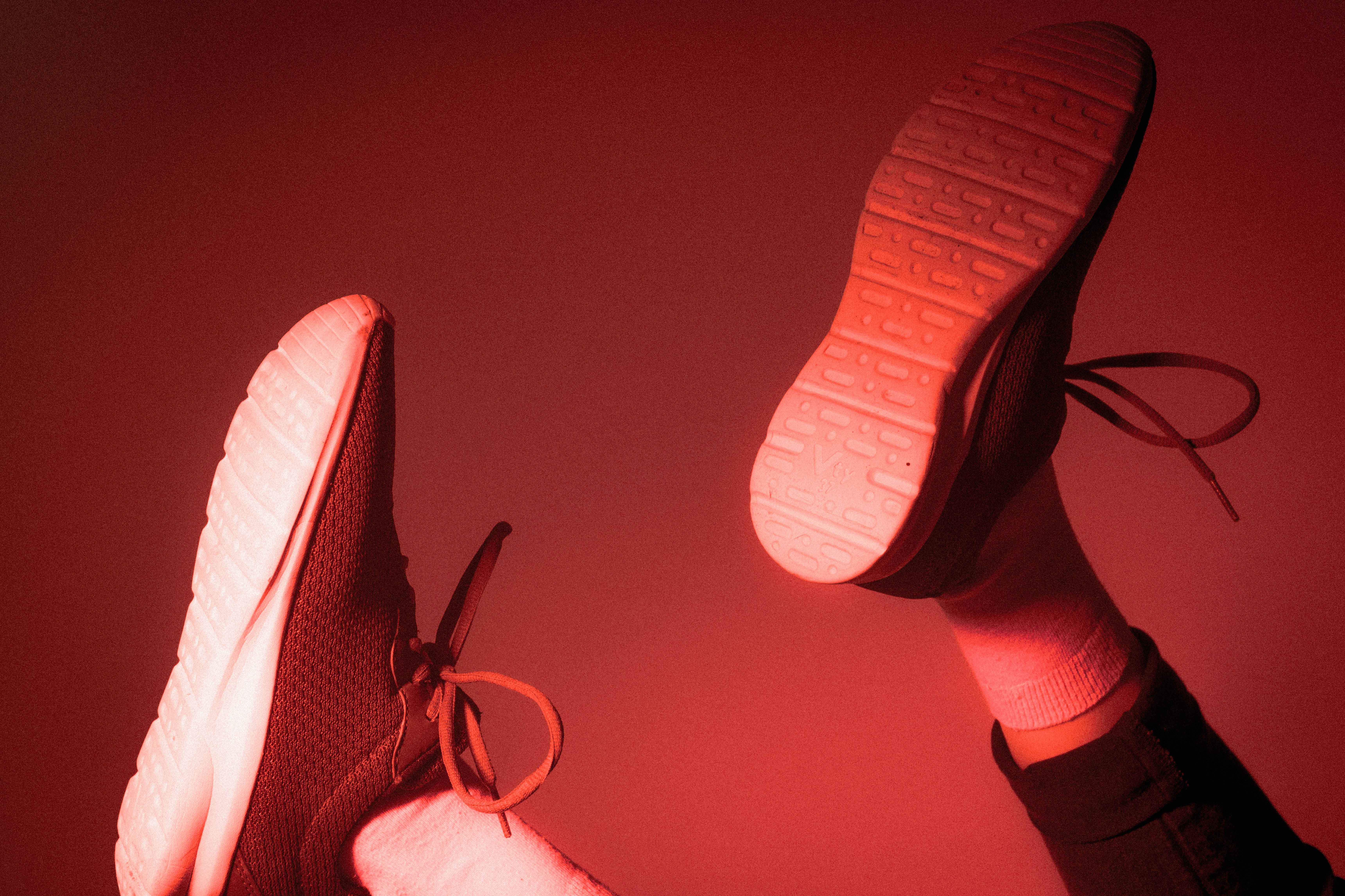 red light, dark sneakers, deep red backdrop, 5K Desktop Wallpaper