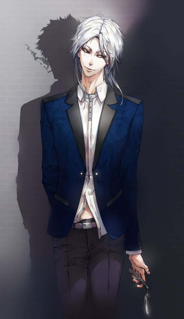 Shogo Makishima, silver-haired, blue suit, SD Phone Wallpaper