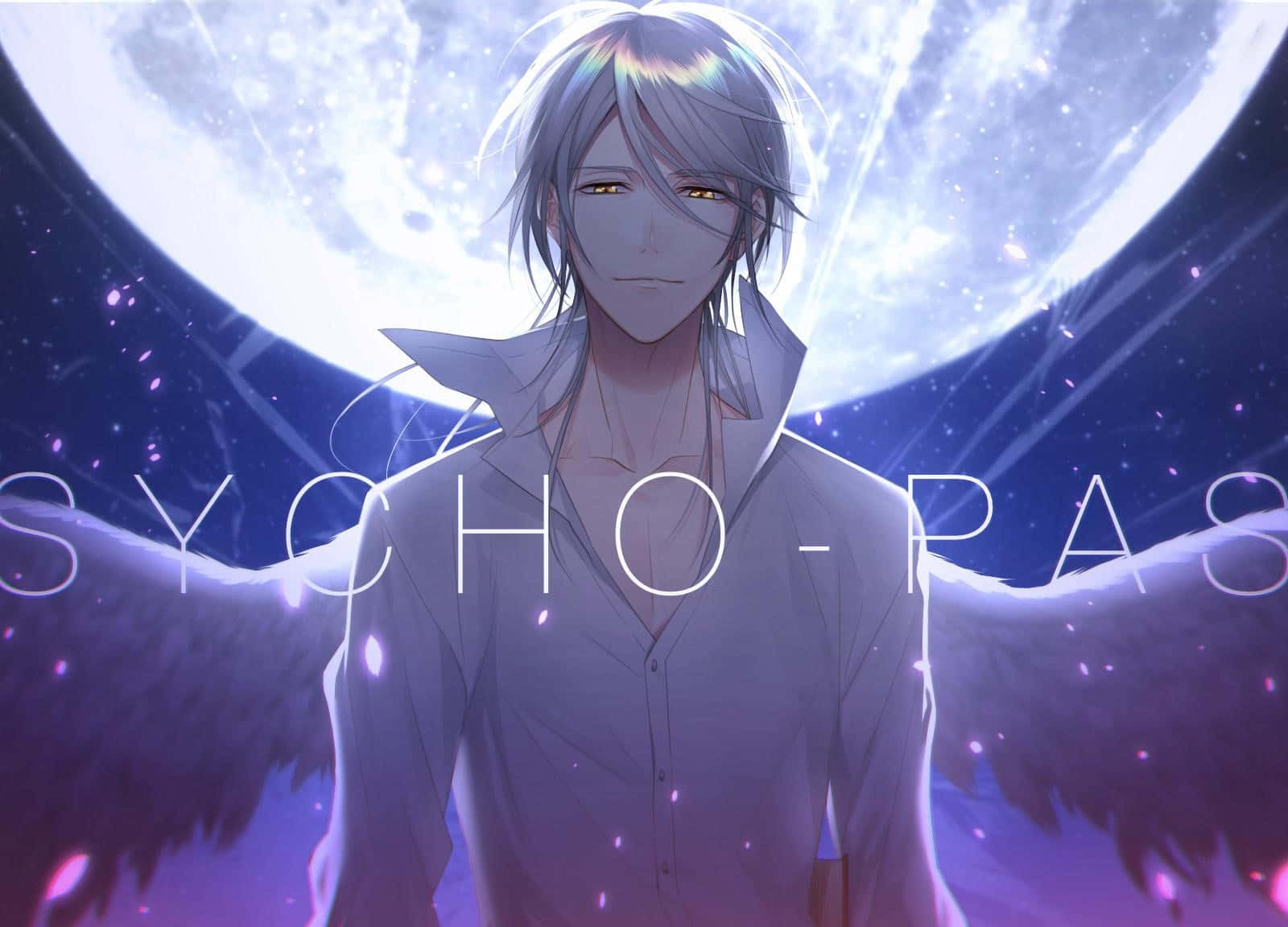 Shogo Makishima, silver-haired, glowing amber eyes, HD Desktop Wallpaper
