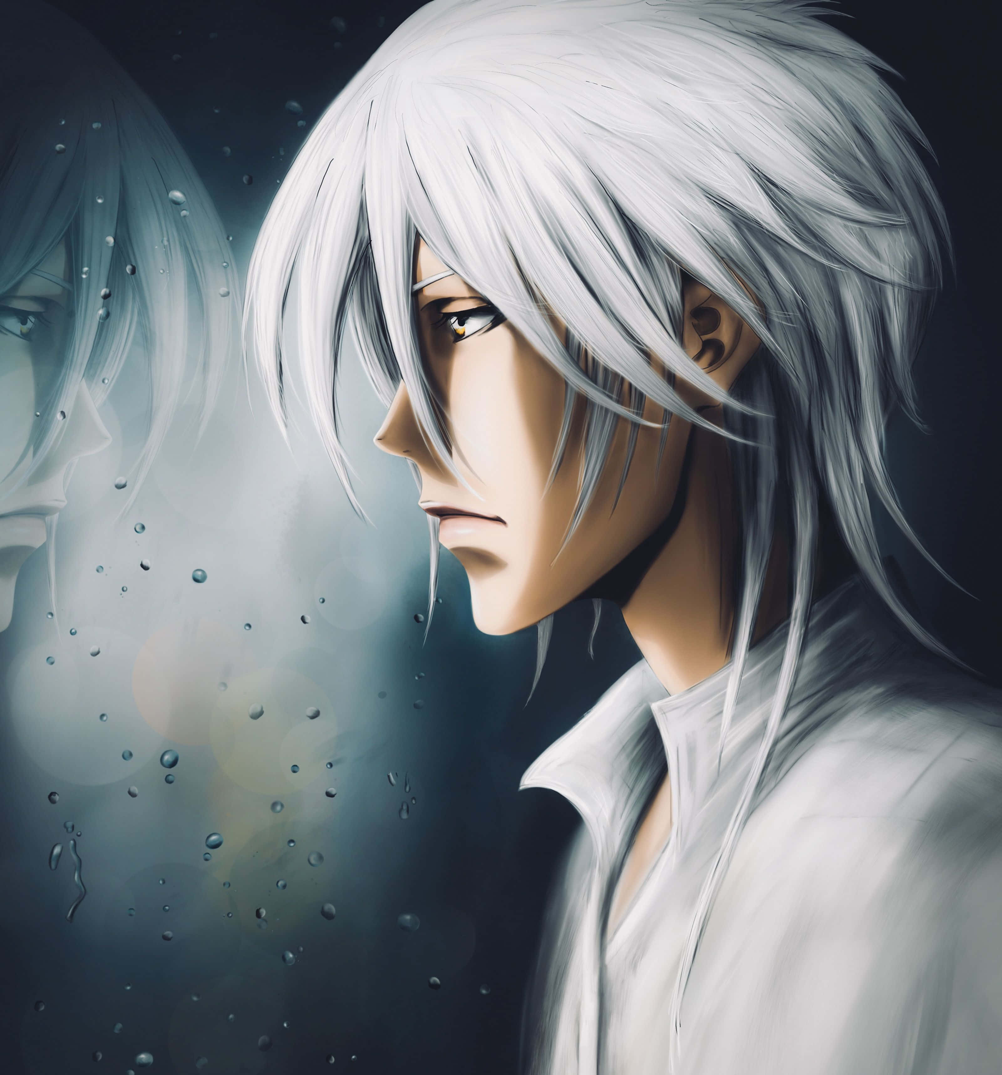 Shogo Makishima, silver hair, rain-streaked glass, 2K Phone Wallpaper