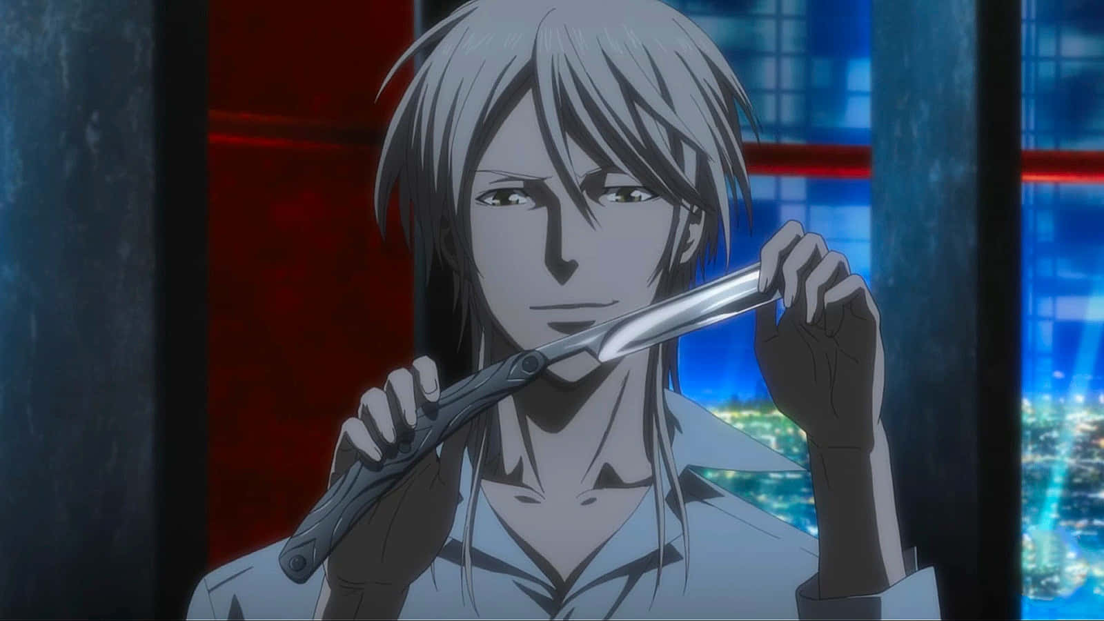 Shogo Makishima, silver-haired, knife, HD Desktop Wallpaper