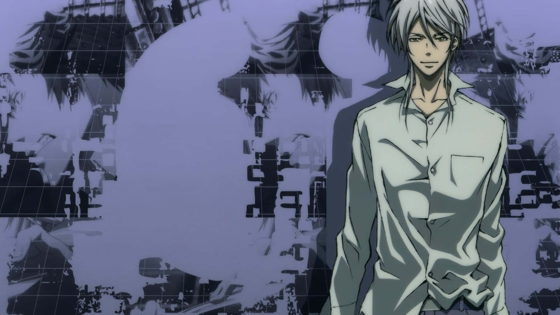 Shogo Makishima, silver-haired anime male, fragmented purple and black abstract background, Full HD Desktop Wallpaper