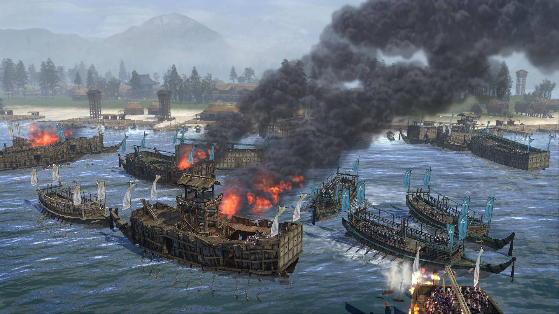 Shogun 2 Total War, battleships, coastal village, HD Desktop Wallpaper