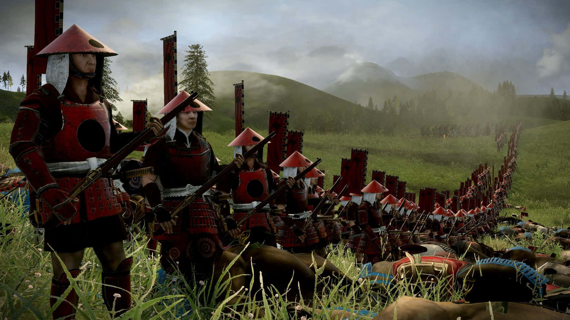 Shogun, red armor, grassy field, Full HD Desktop Wallpaper