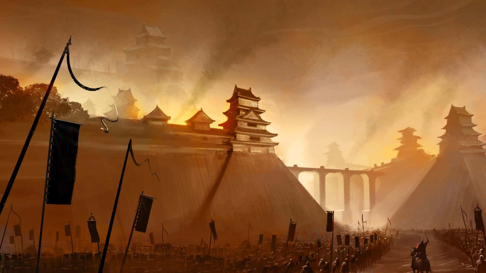 Shogun, sunset, ancient Japanese castle complex, Full HD Desktop Wallpaper