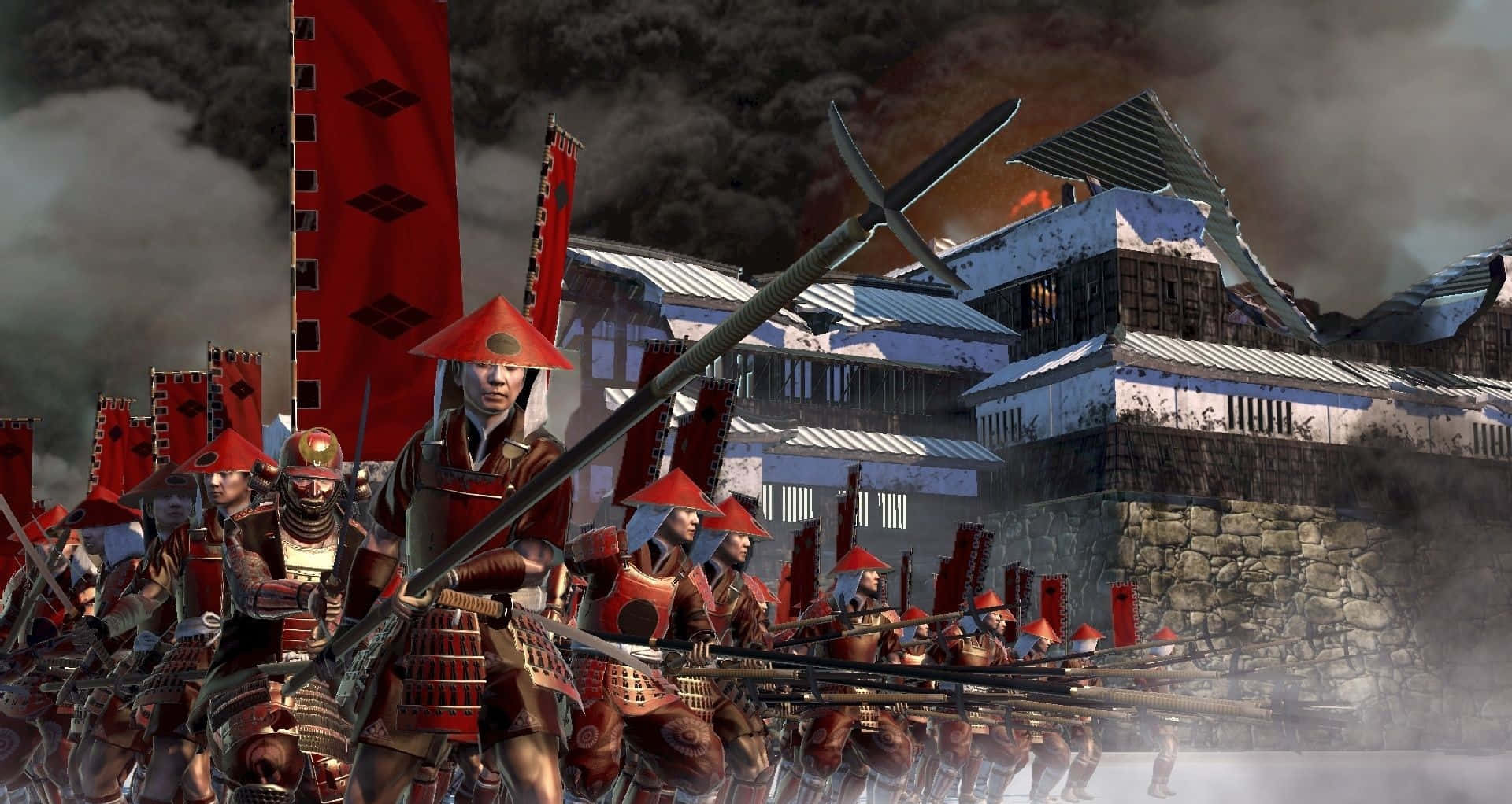 Shogun, red armor, spears, Full HD Desktop Wallpaper