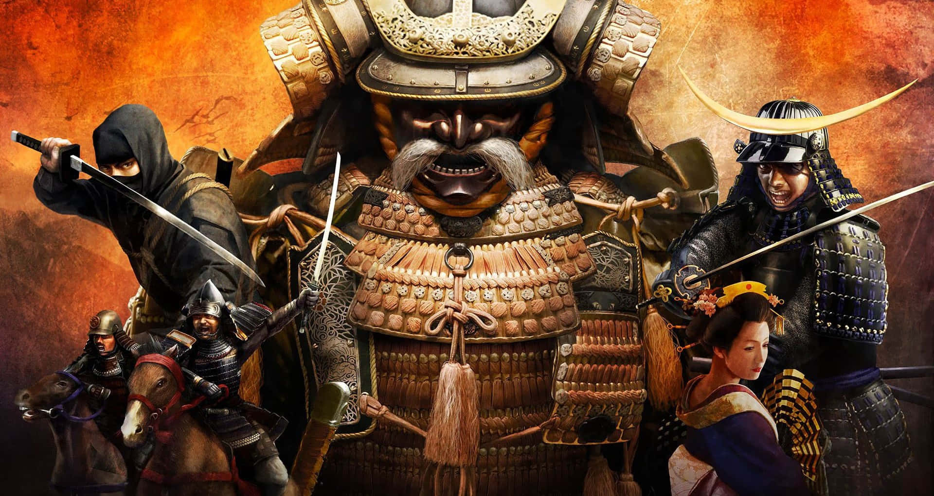 Shogun Warrior, samurai warrior, fiery orange backdrop, Full HD Desktop Wallpaper