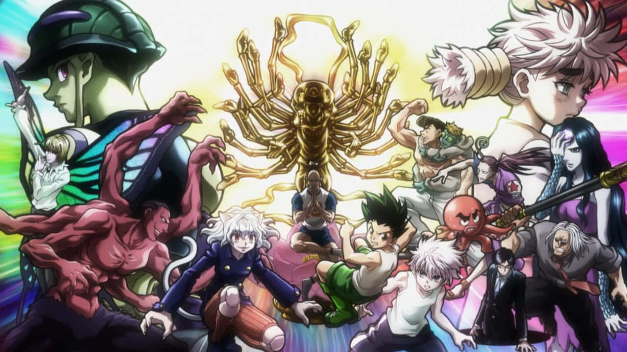 Shonen Anime, golden multi-limbed creature, rainbow background, HD Desktop Wallpaper