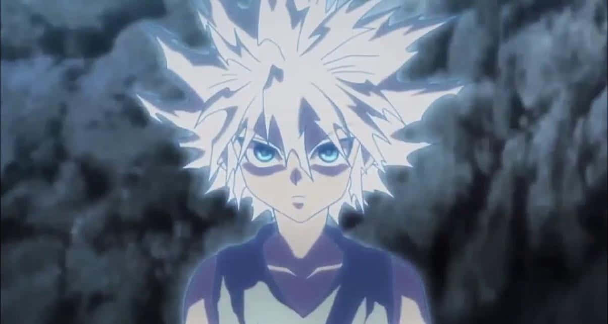 shonen anime, glowing anime character, spiky white hair, SD Desktop Wallpaper