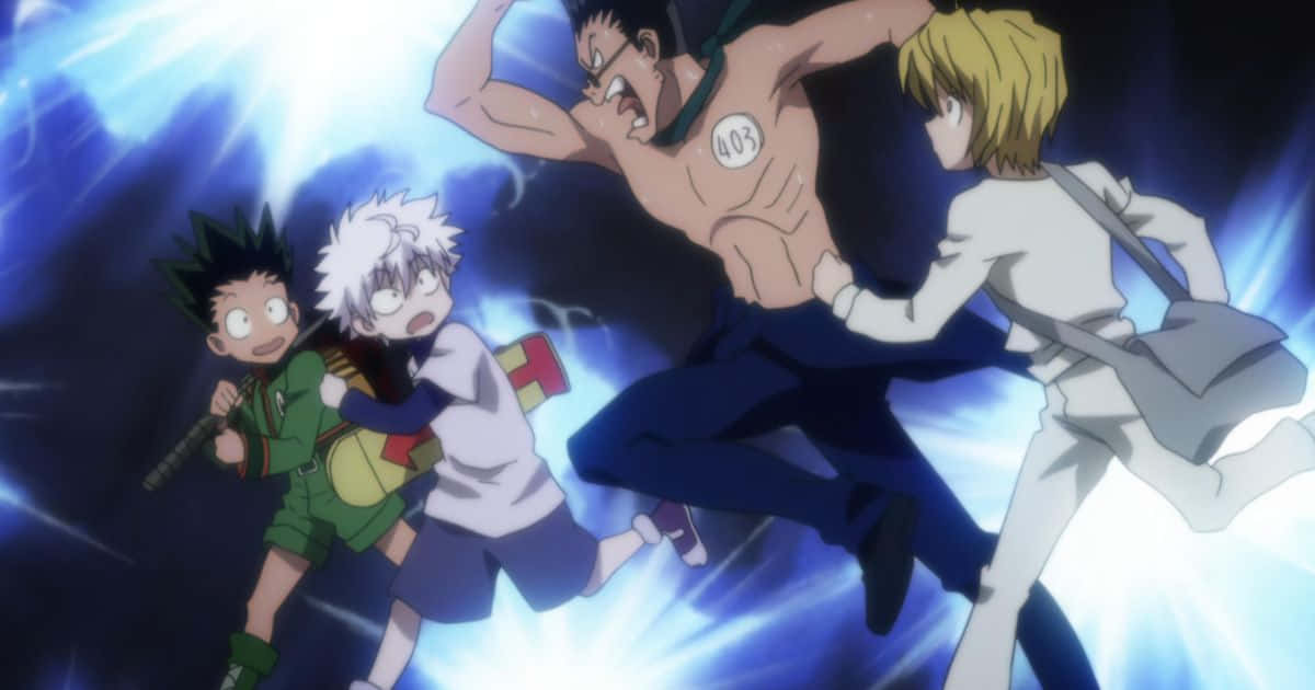 Shonen Anime, four anime characters, dynamic combat poses, SD Desktop Wallpaper