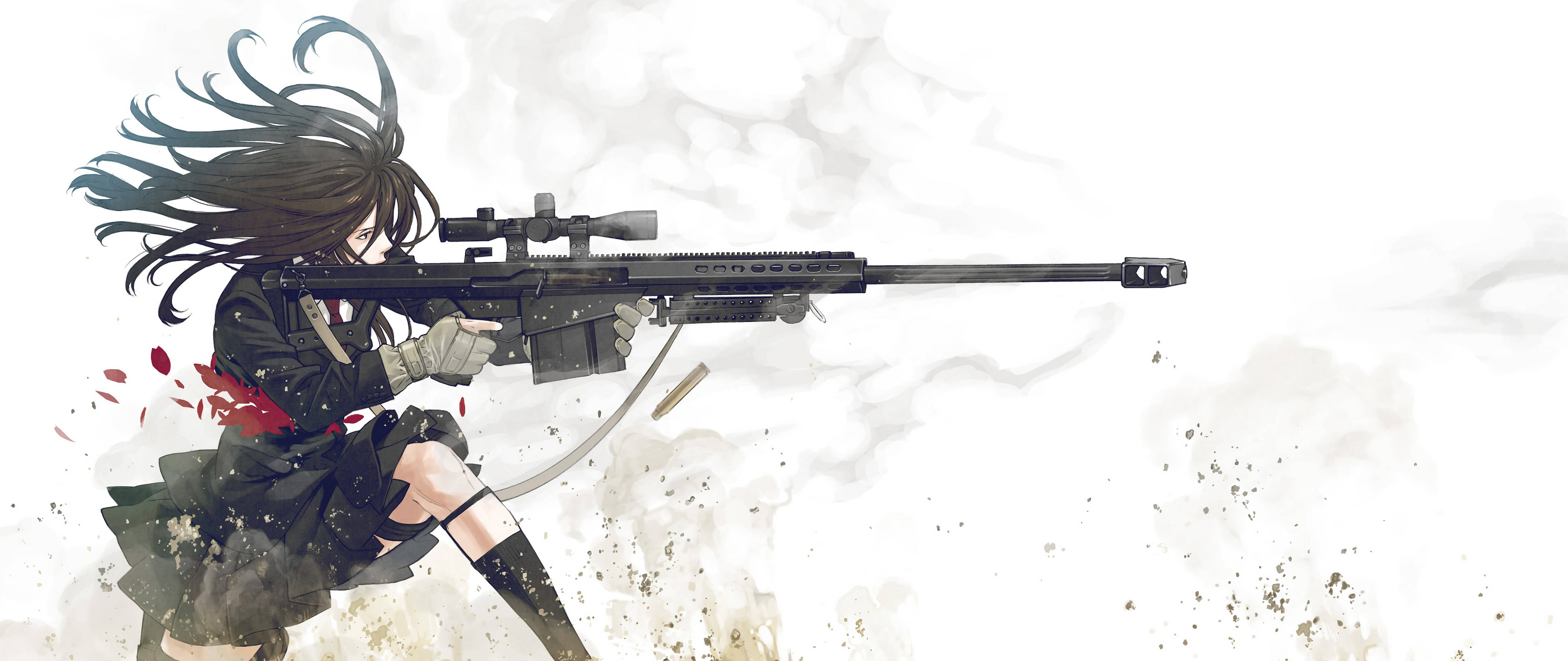 anime sniper girl, dark hair, sniper rifle, 5K Desktop Wallpaper