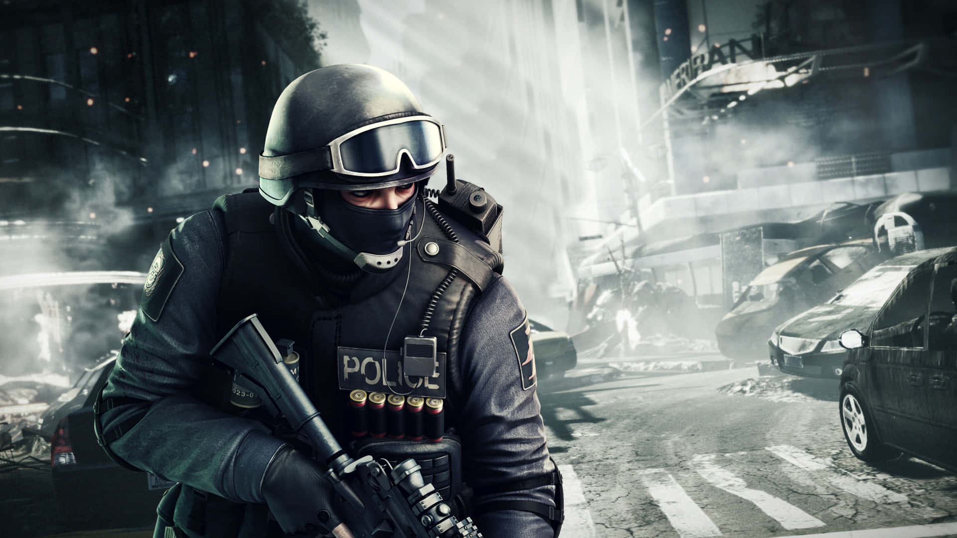 tactical police officer, full gear, smoky ruined city street, Full HD Desktop Wallpaper