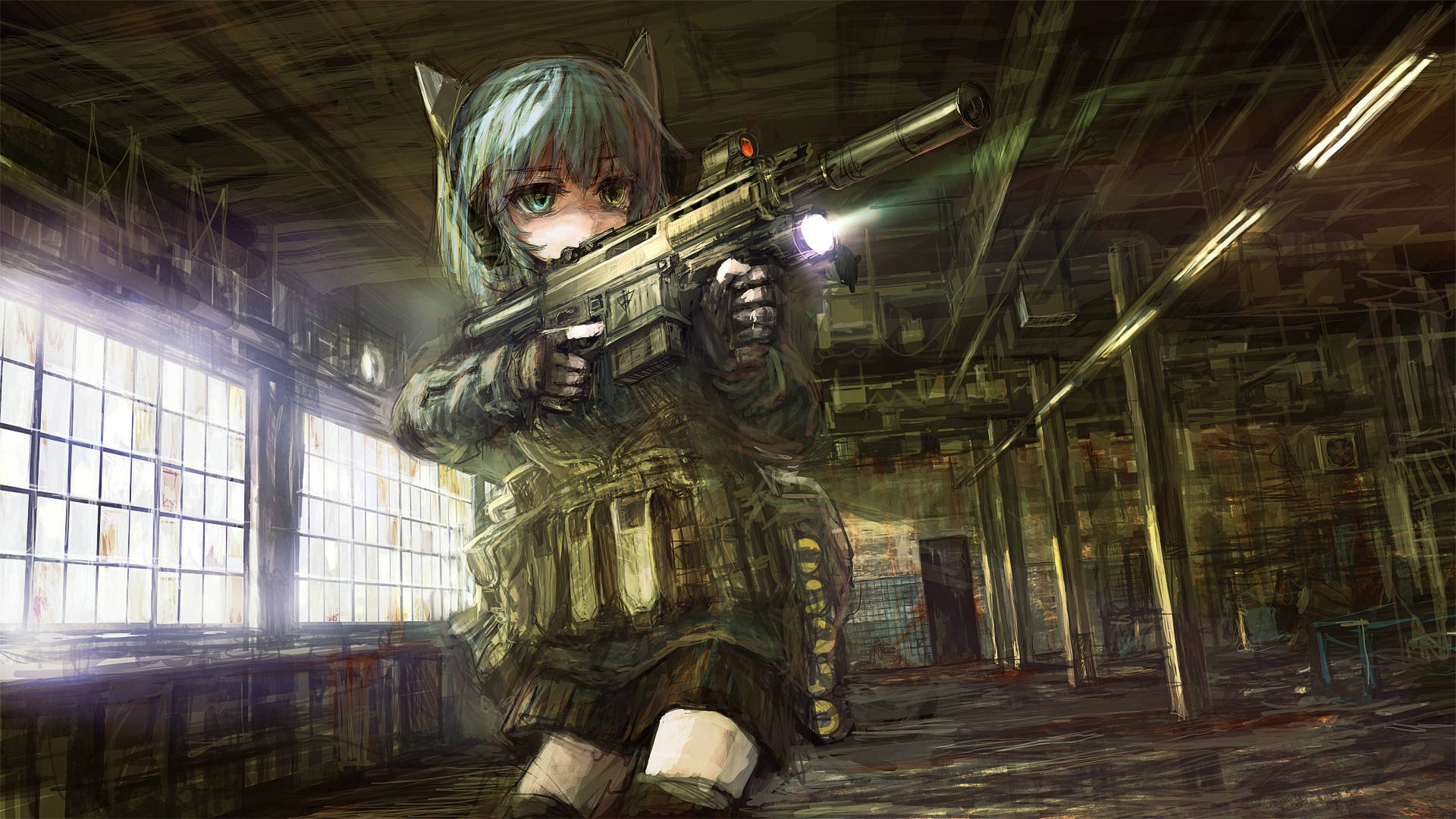 anime military girl, cat-eared, tactical gear, Full HD Desktop Wallpaper