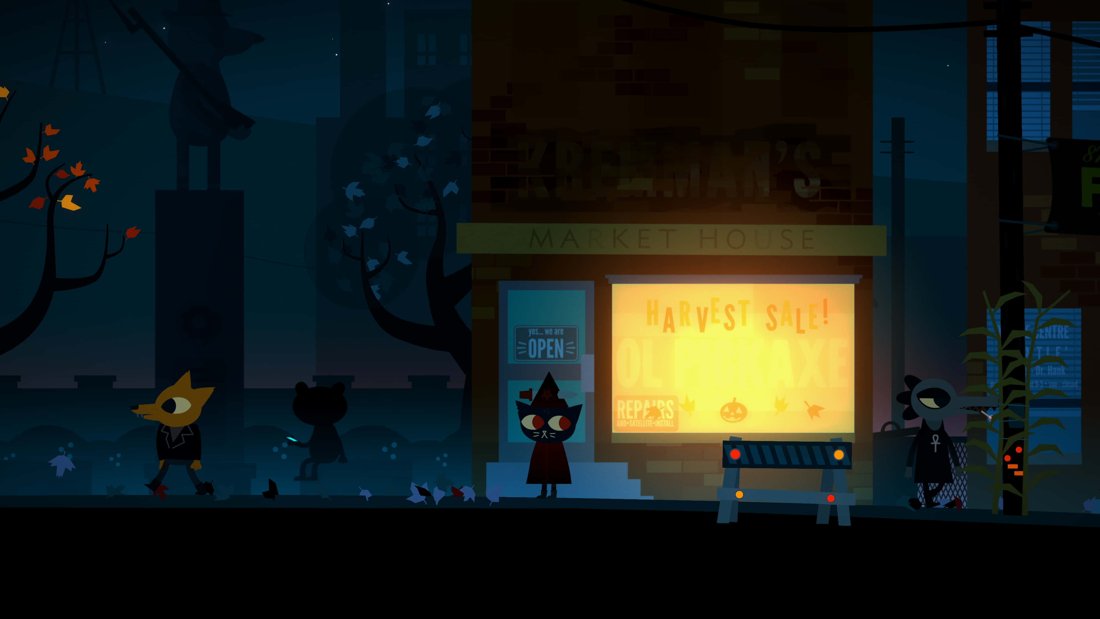 Night In The Woods, anthropomorphic animal characters, warmly lit market house, 4K Desktop Wallpaper