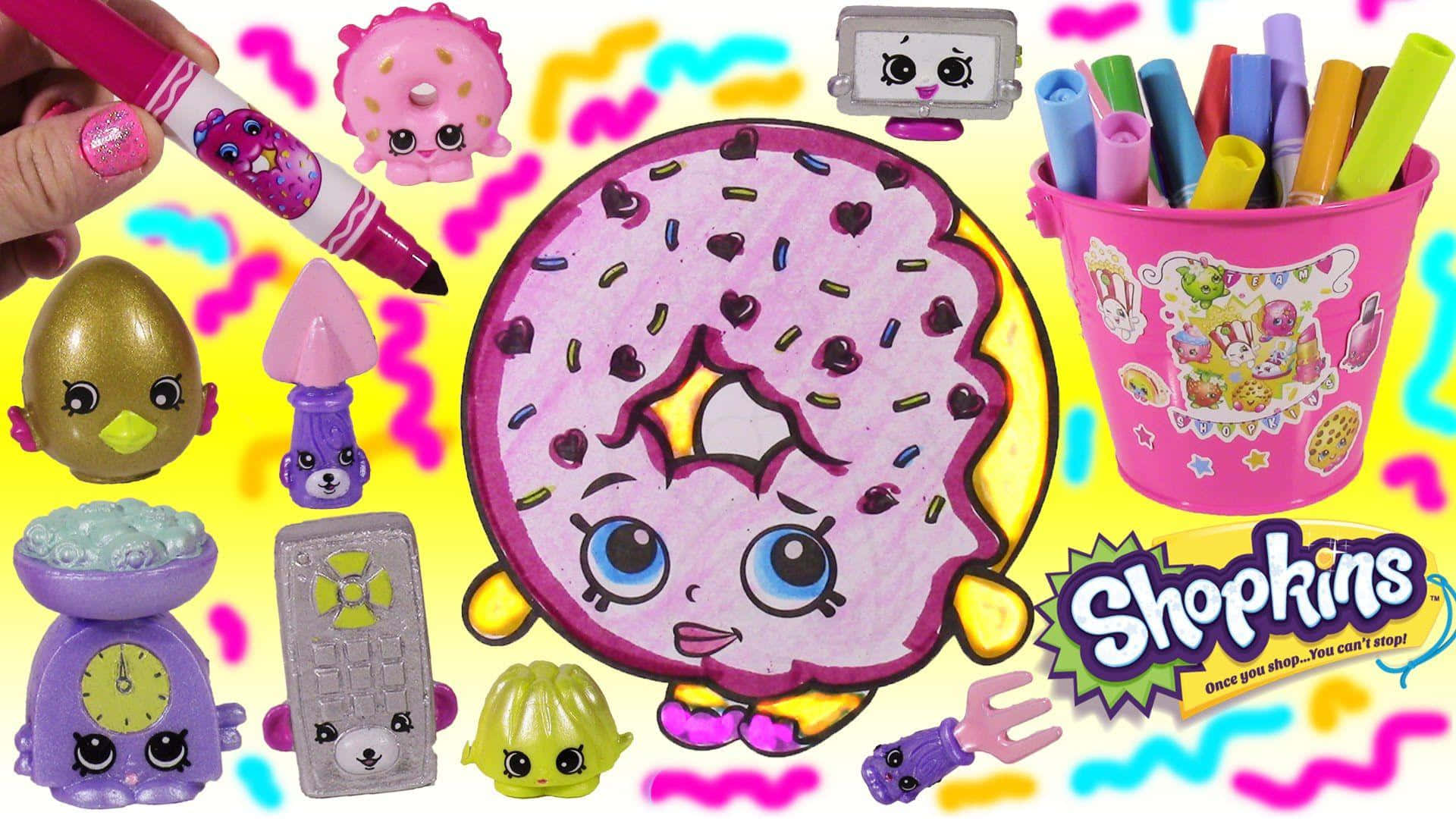 Shopkins, pink donut character, colorful markers, Full HD Desktop Wallpaper