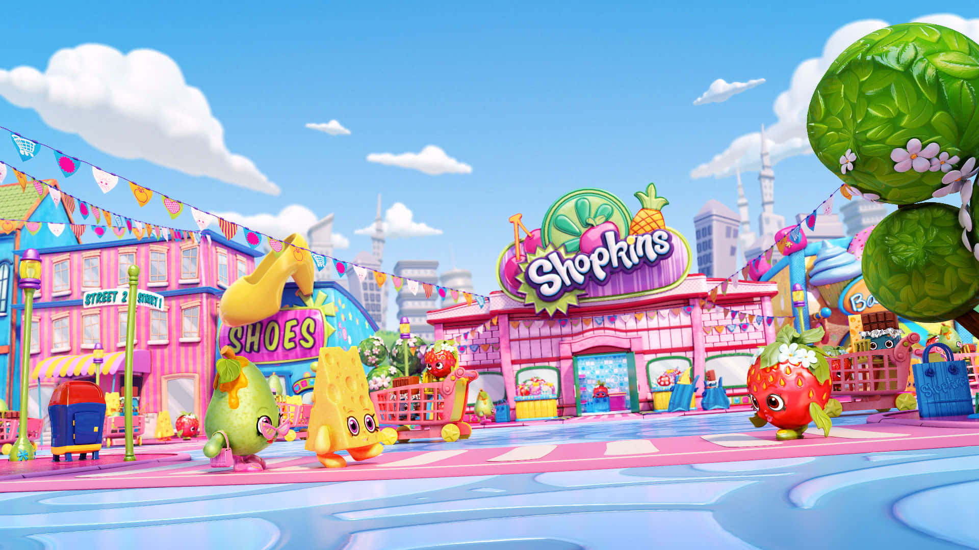 Shopkins, anthropomorphic fruit characters, colorful shops, Full HD Desktop Wallpaper