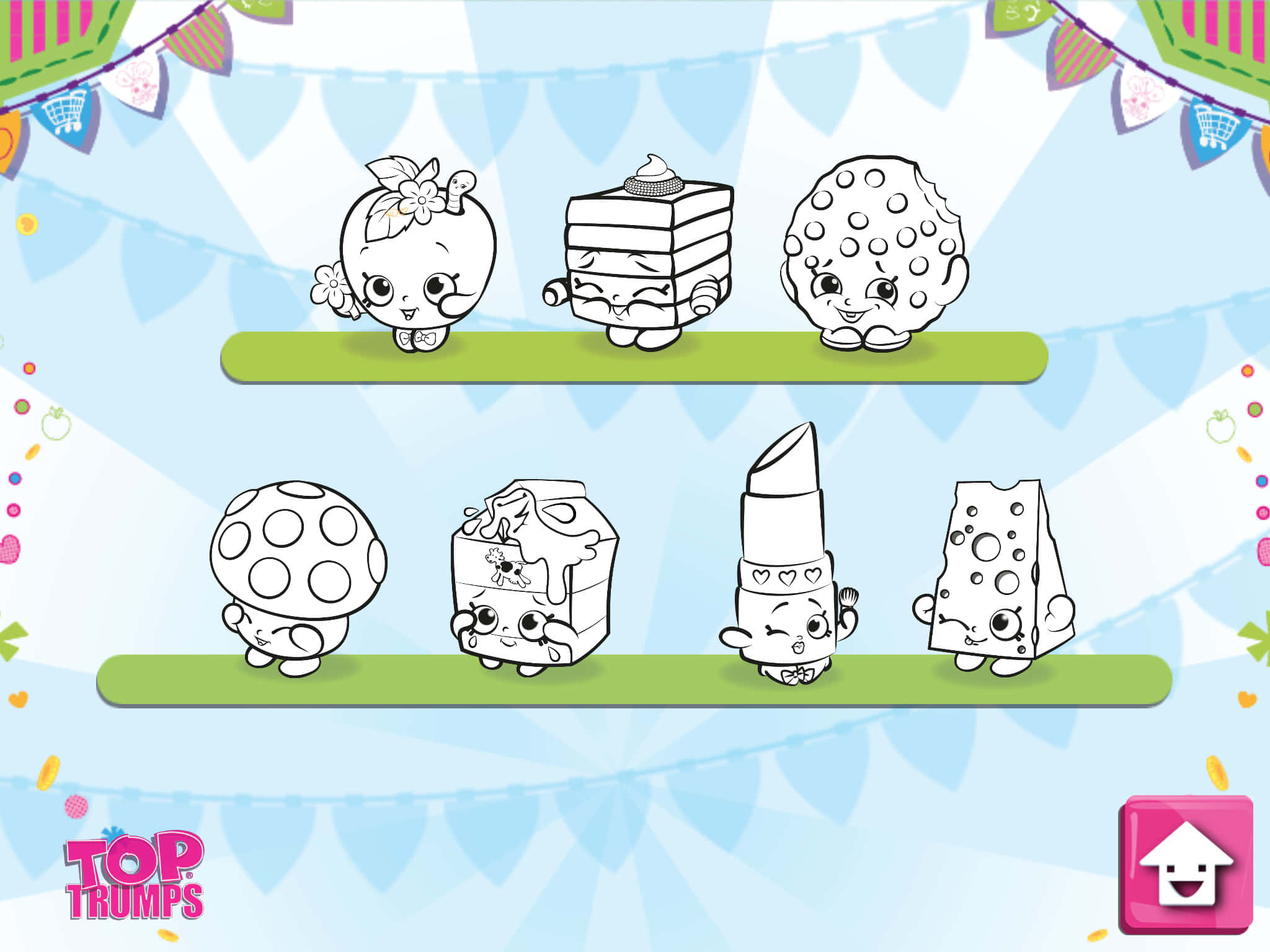 Shopkins, cartoon food characters, green shelves, Full HD Desktop Wallpaper