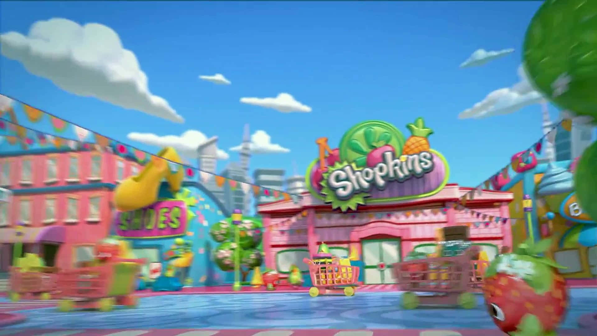 Shopkins, pink buildings, shopping carts, Full HD Desktop Wallpaper