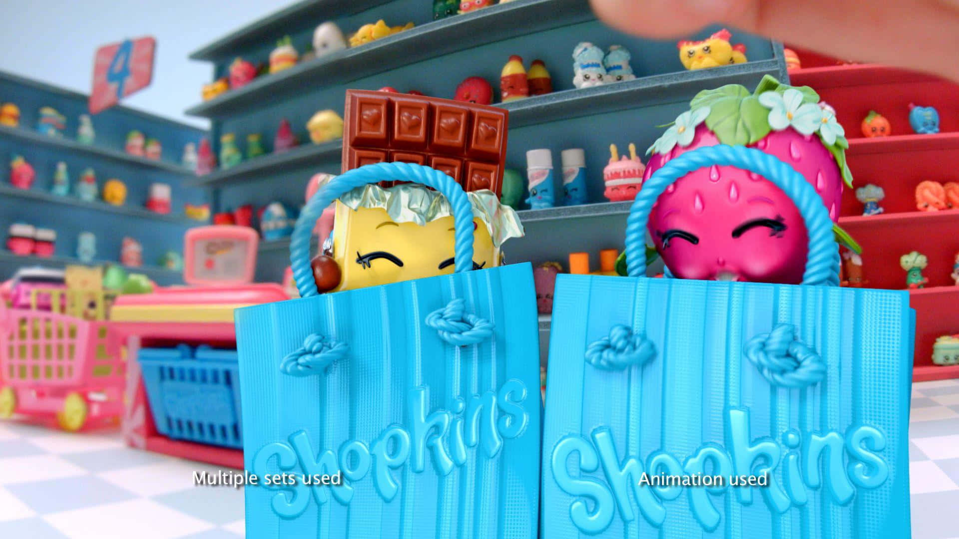 Shopkins, blue shopping bags, colorful toy supermarket aisle, Full HD Desktop Wallpaper