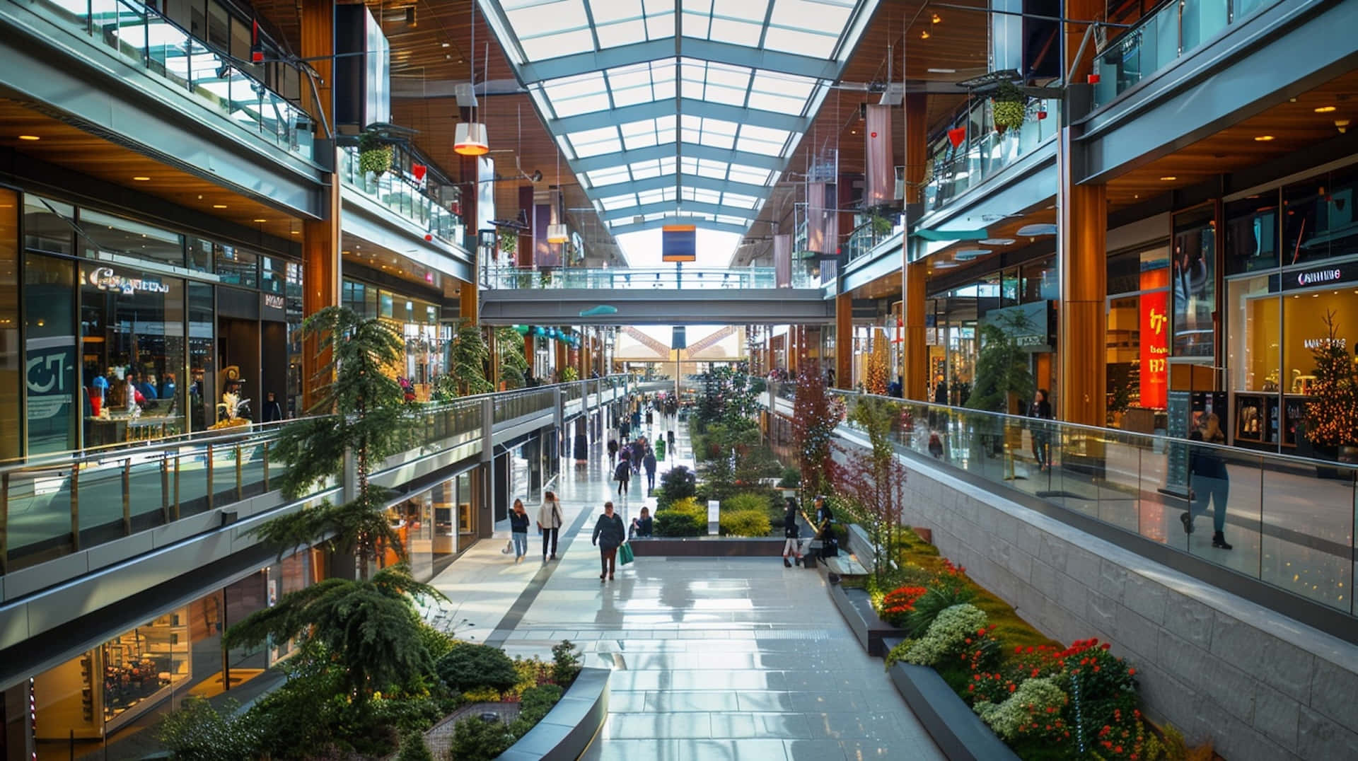 modern shopping mall interior, glass roof, natural light, Full HD Desktop Wallpaper