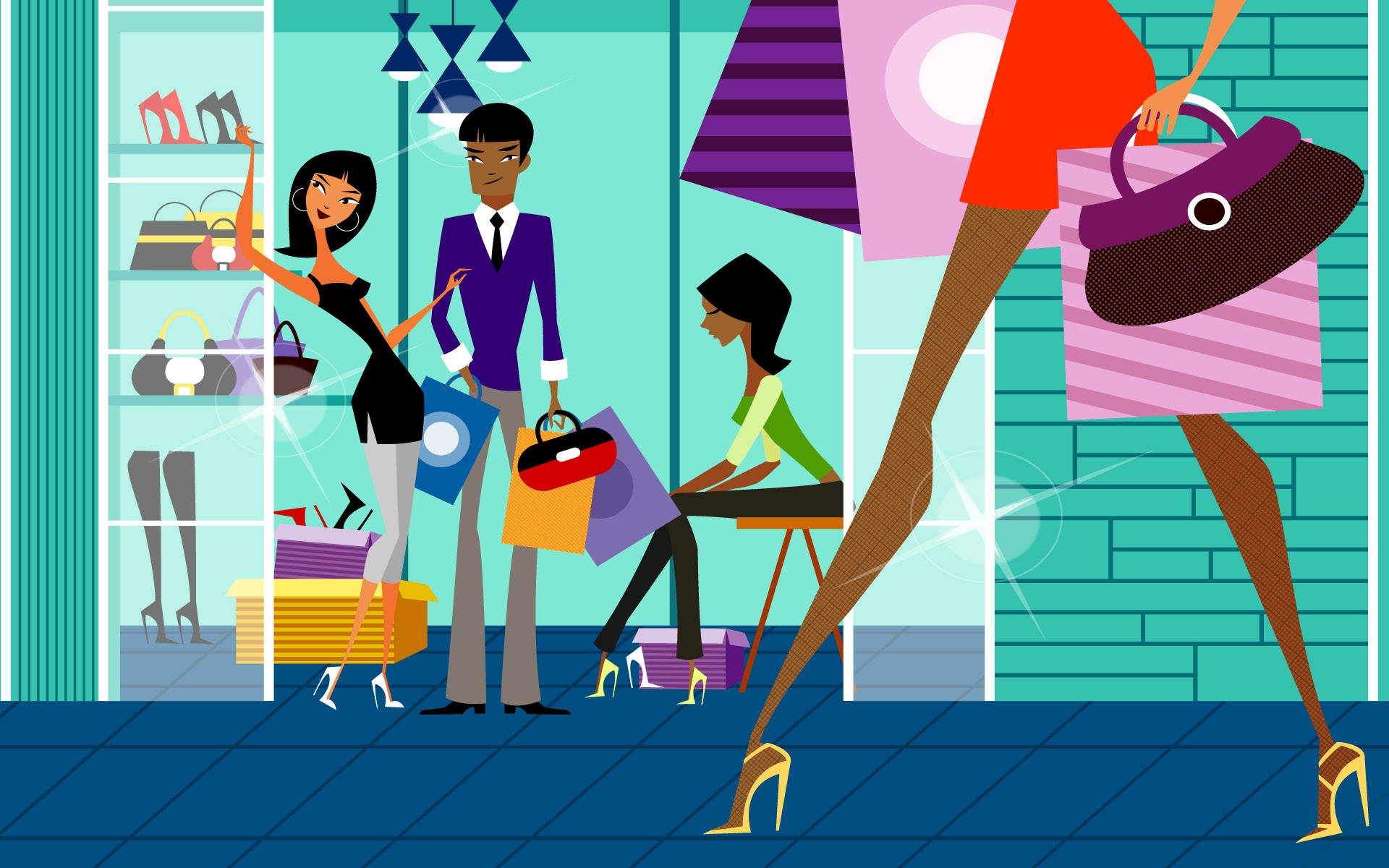 woman shopping boutique, cartoon illustration, chic boutique, Full HD Desktop Wallpaper