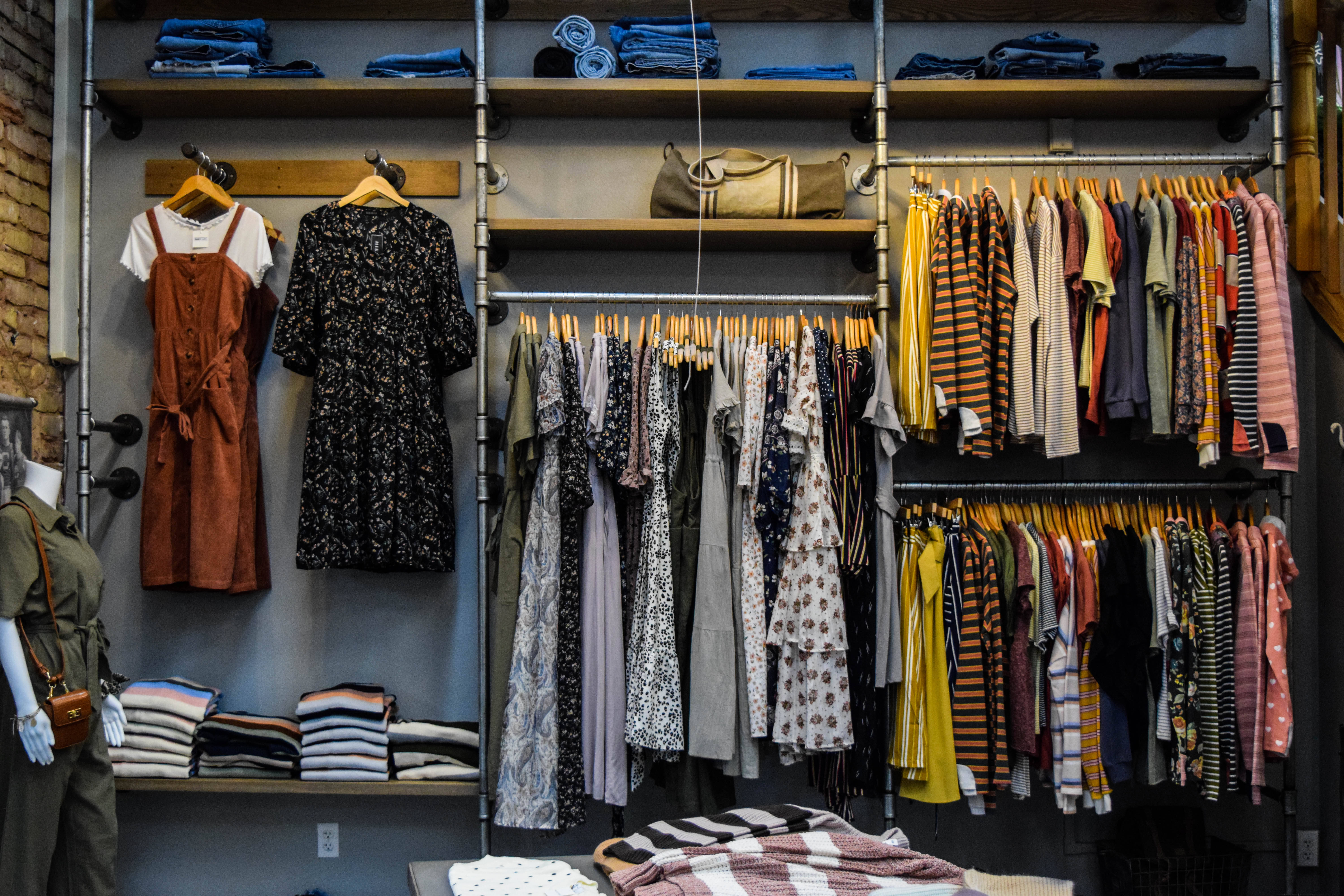 boutique closet, industrial shelves, brick walls, 5K Desktop Wallpaper