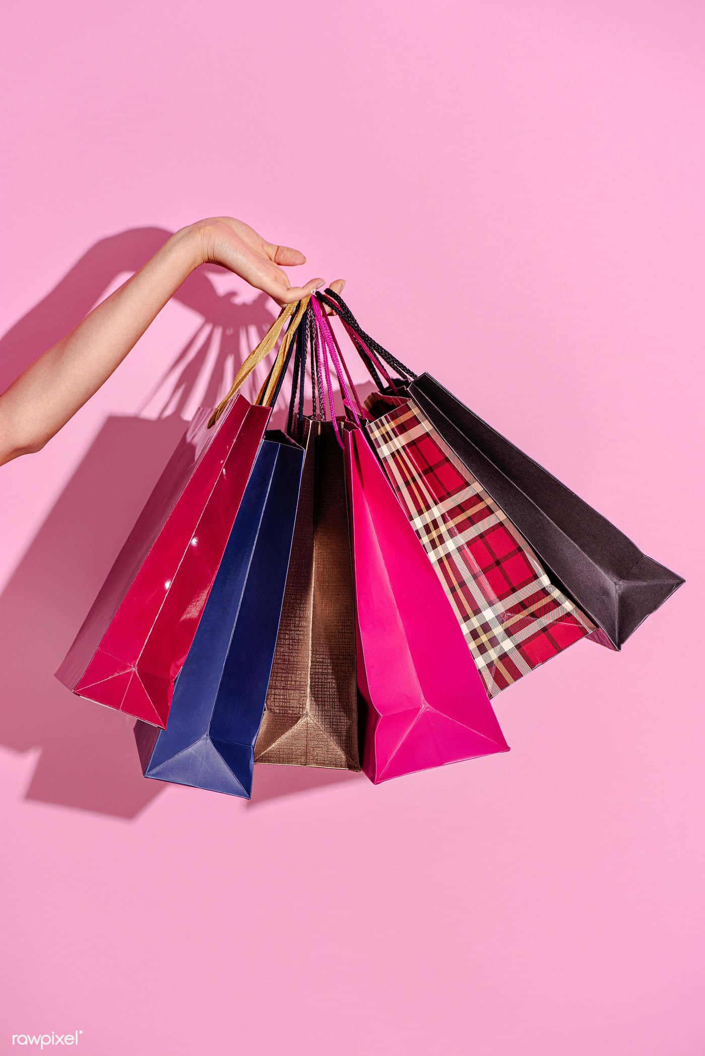 colorful shopping bags, pink backdrop, solid pink background, Full HD Phone Wallpaper