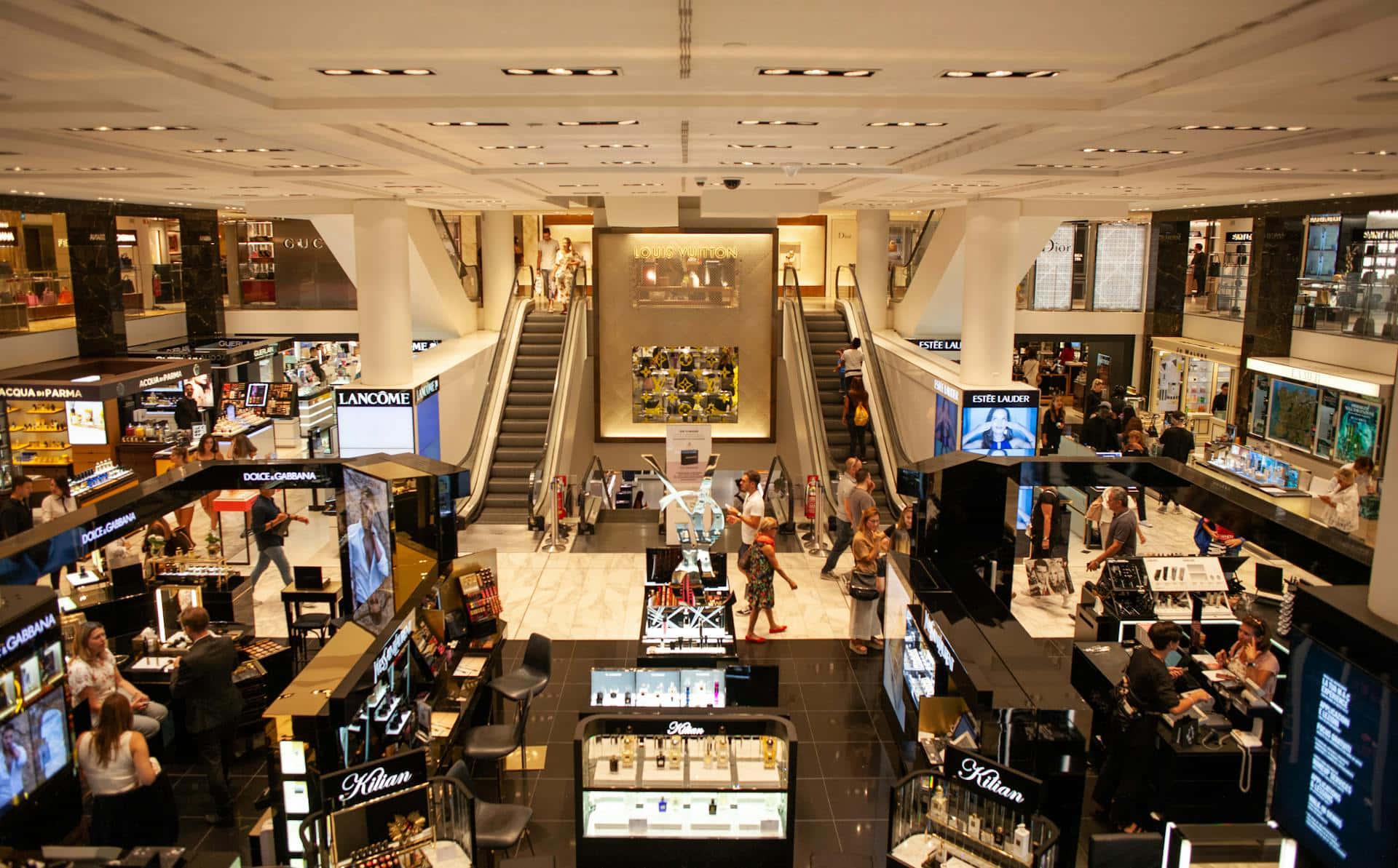 high-end cosmetics store, escalators, luxury brand counters, Full HD Desktop Wallpaper