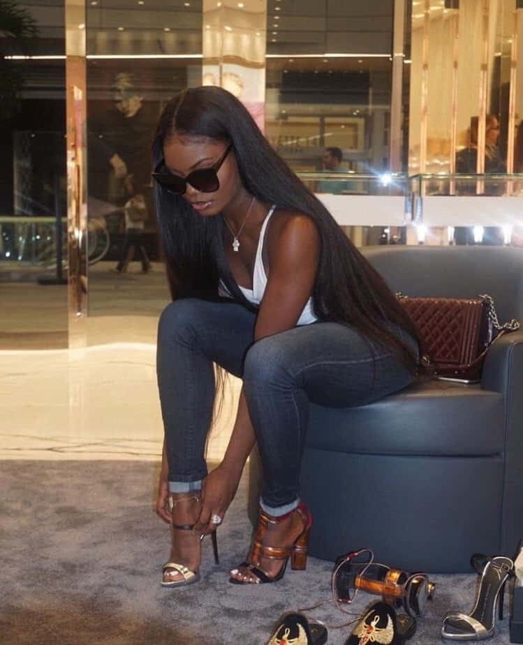 black girl luxury shopping spree, long black hair, blue chair, SD Phone Wallpaper