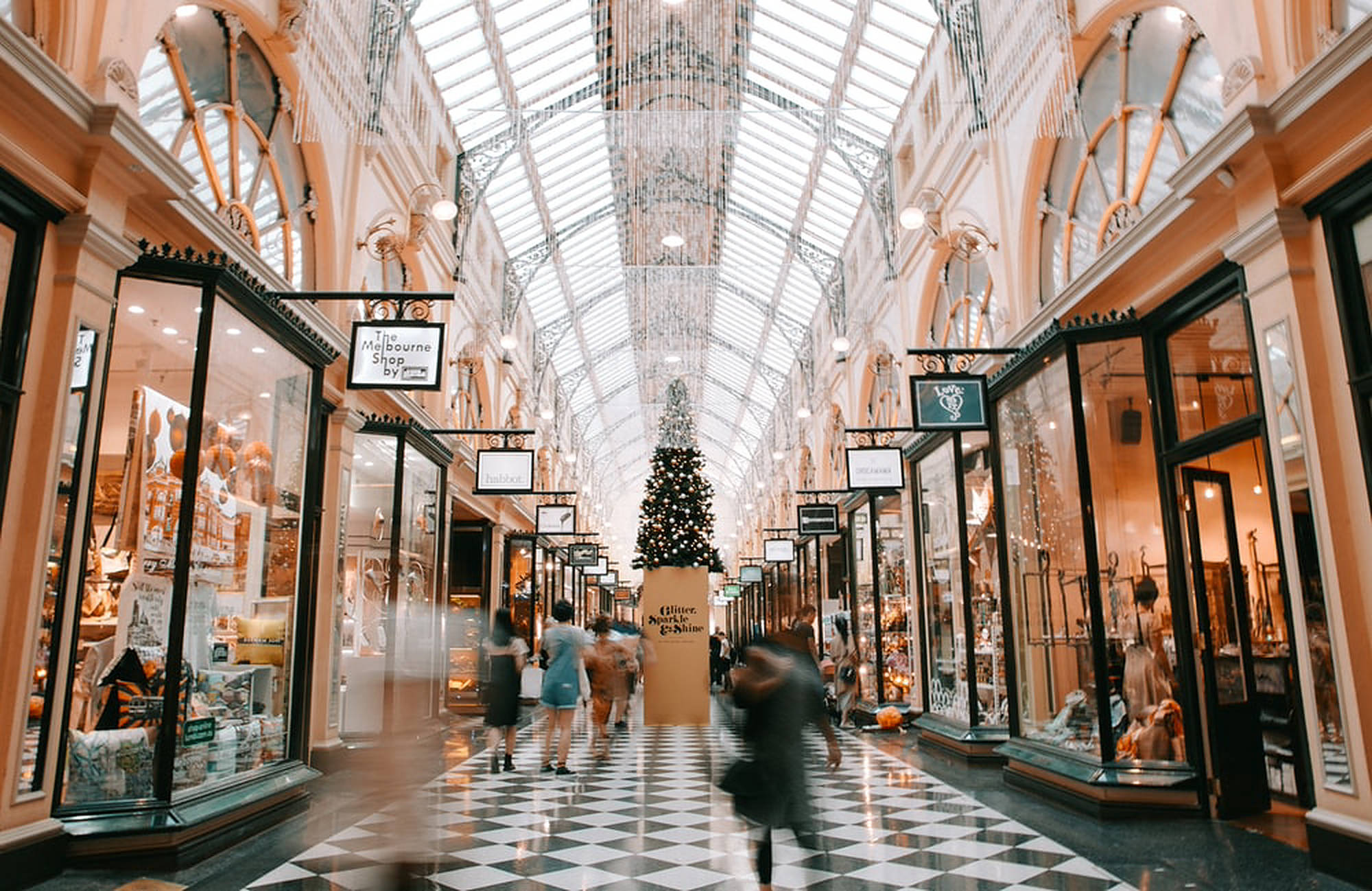 Holiday Season Shopping Mall, glass-roofed arcade, checkered floors, Full HD Desktop Wallpaper