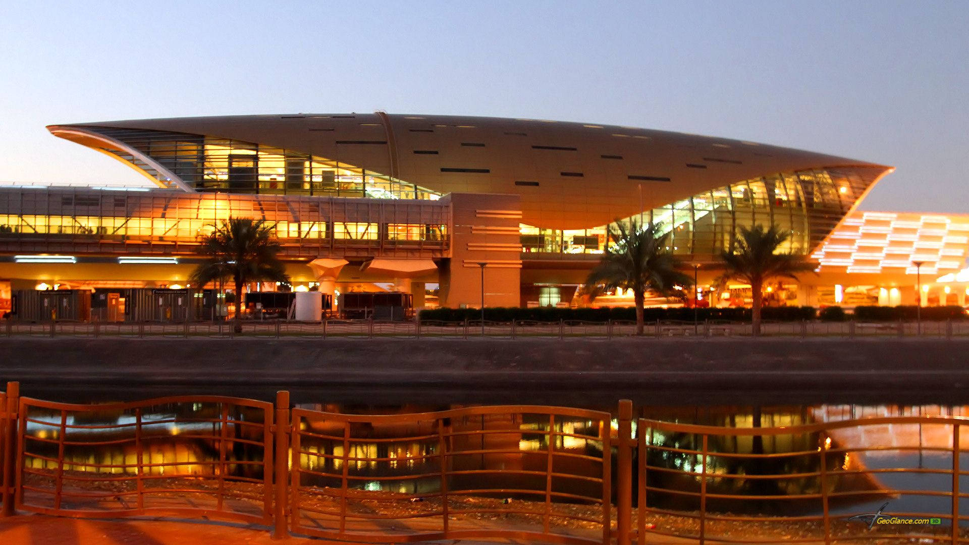 Sunset Shopping Mall, curved glass building, palm trees, Full HD Desktop Wallpaper