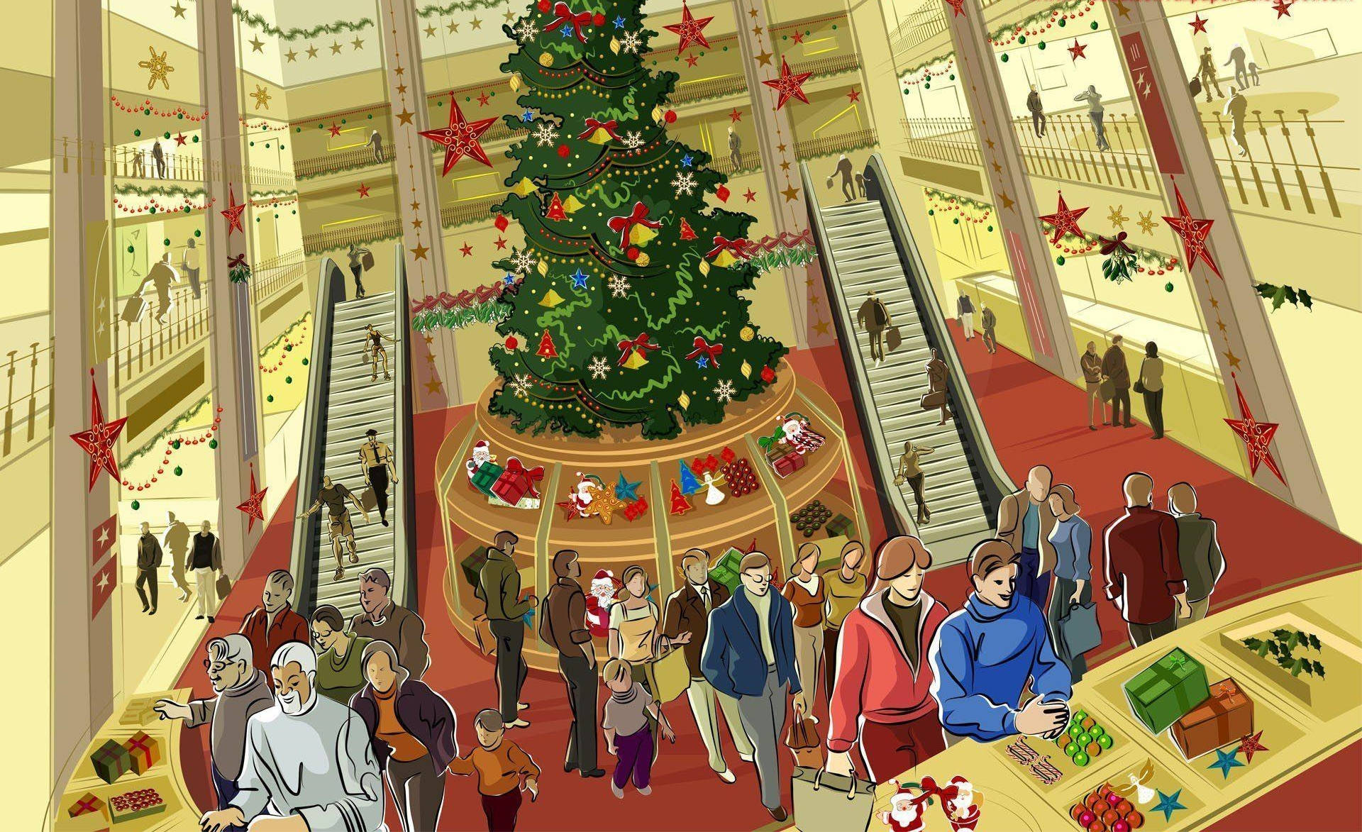 bustling multi-level shopping mall, decorated for Christmas, giant tree, Full HD Desktop Wallpaper