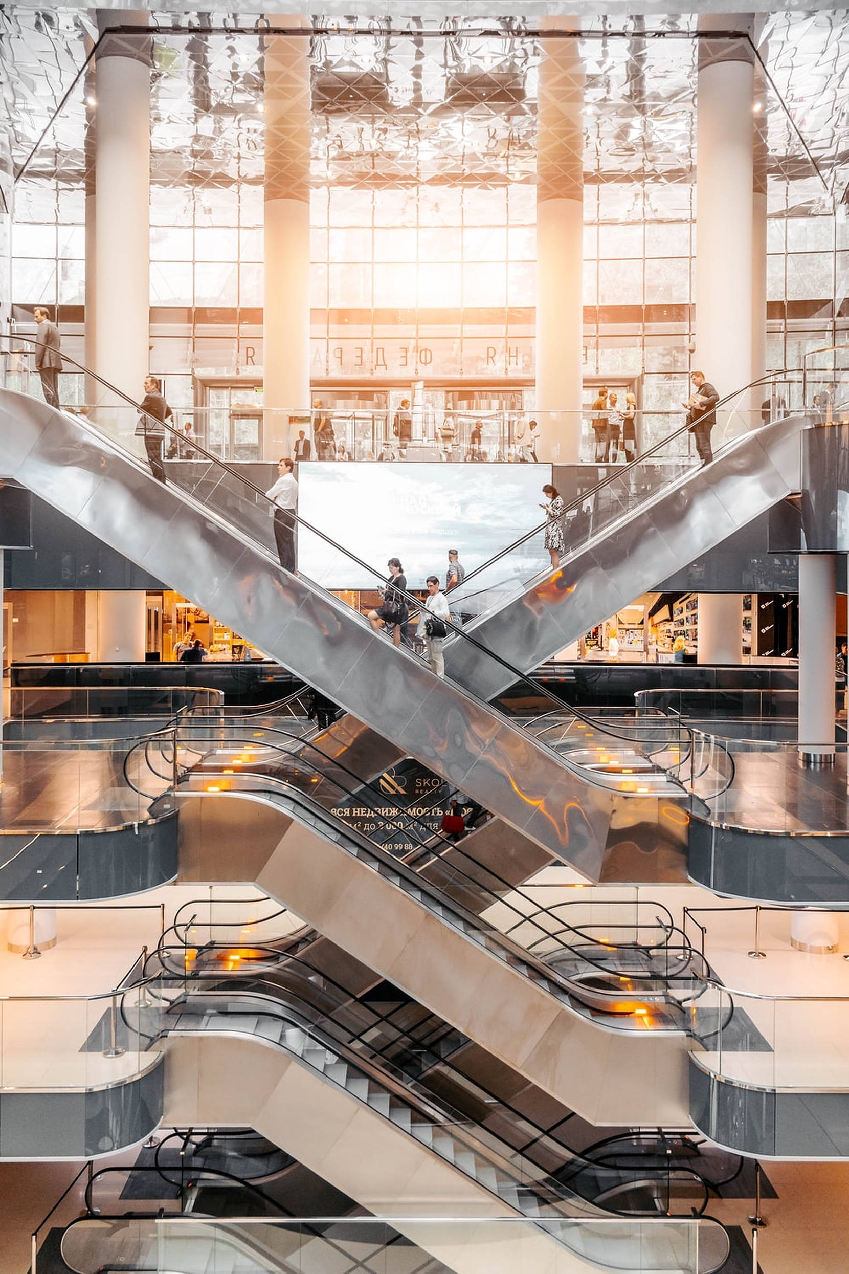 shopping mall, metal escalators, glass ceiling, Full HD Phone Wallpaper