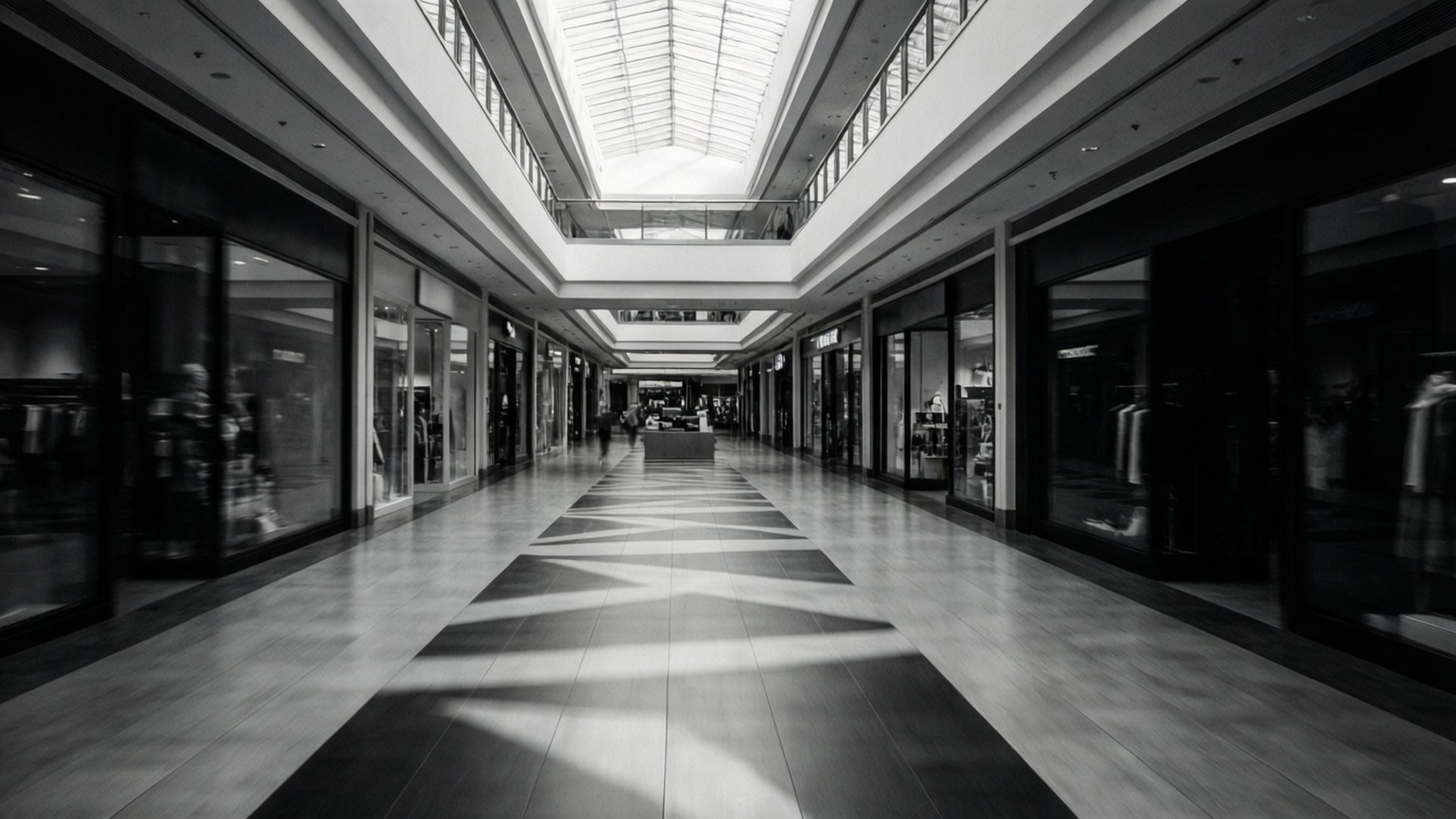 monochrome mall corridor, shopping mall corridor, geometric floor patterns, Full HD Desktop Wallpaper