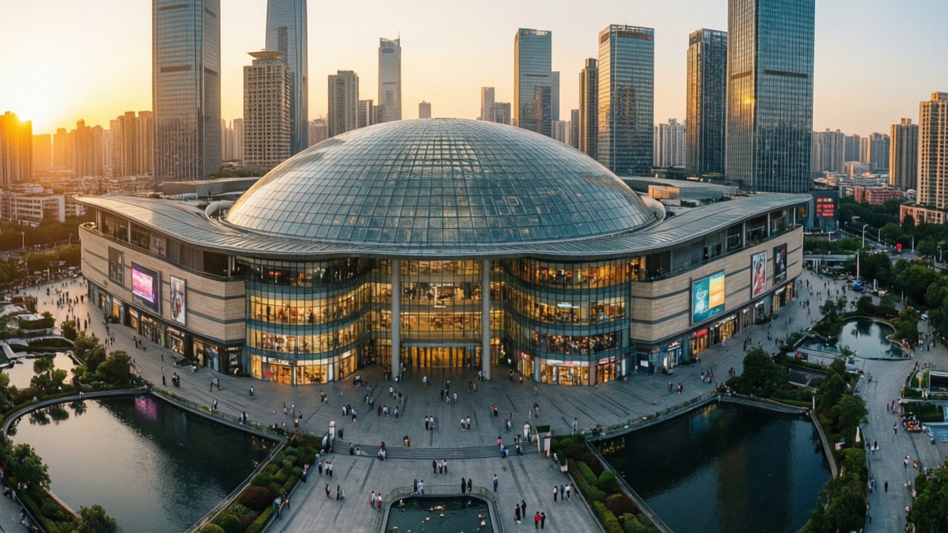Skyline Mall, sunset, glass-domed shopping mall, Full HD Desktop Wallpaper