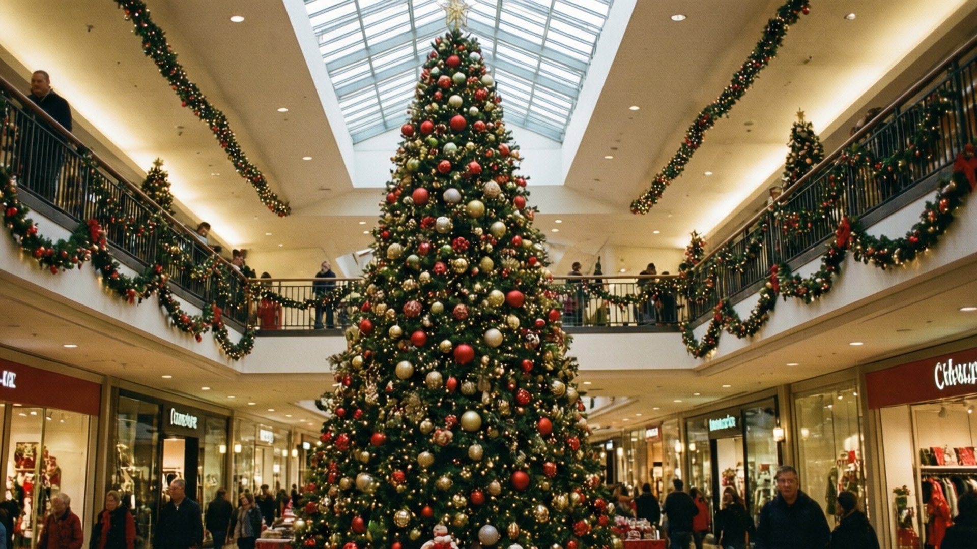 Christmas tree, red gold and silver ornaments, bustling multi-level shopping mall, Full HD Desktop Wallpaper