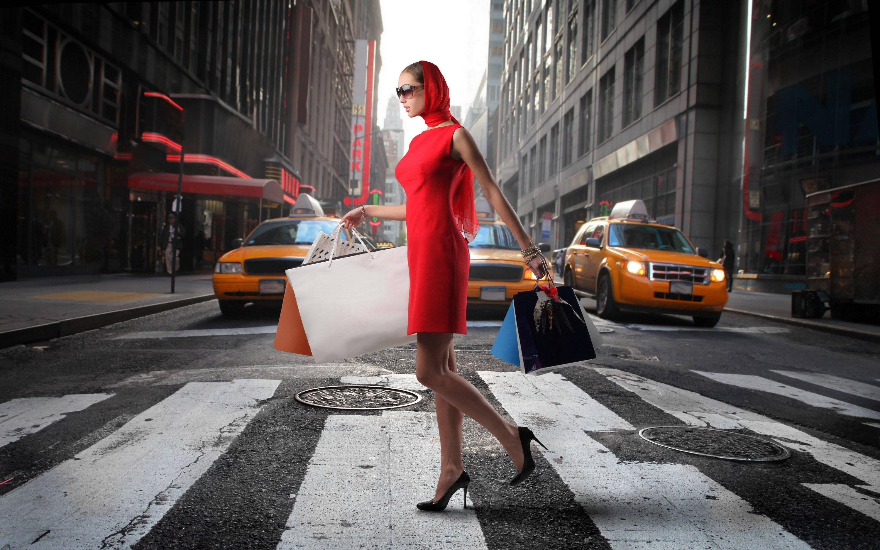 red dress, headscarf, shopping bags, 2K Desktop Wallpaper