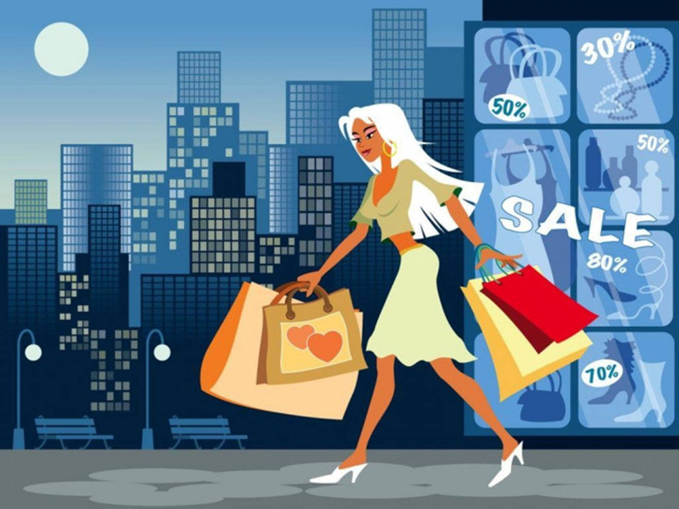Shopping Girl, city at night, brightly lit sale window, HD Desktop Wallpaper