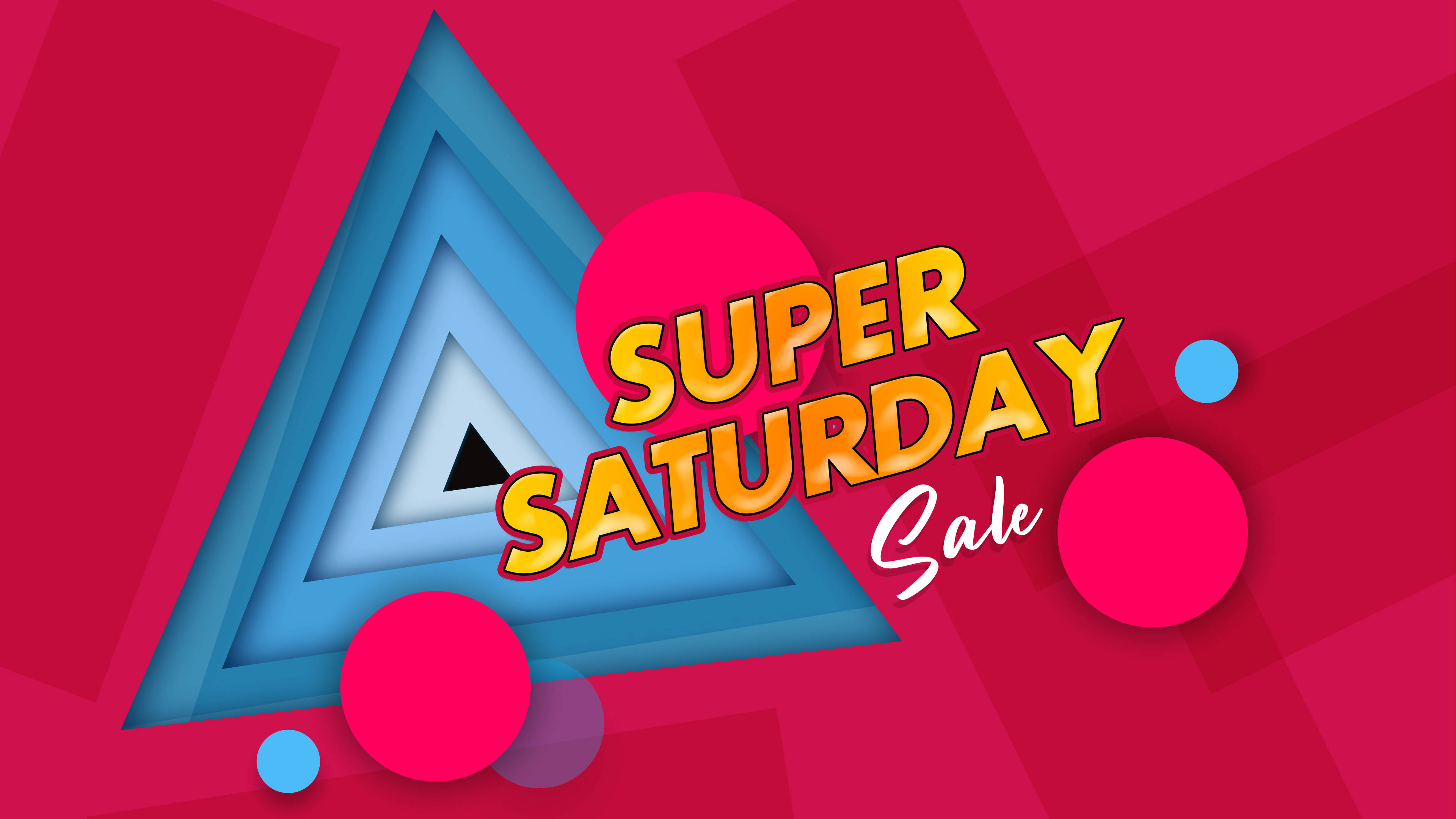 Dark Pink Super Saturday Sale, blue triangles, pink circles, 4K Desktop Wallpaper