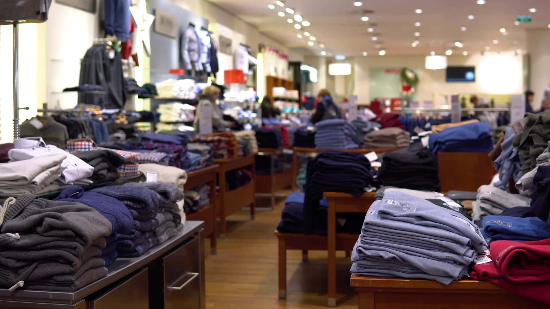 clothing store, wooden tables, muted tones, Full HD Desktop Wallpaper