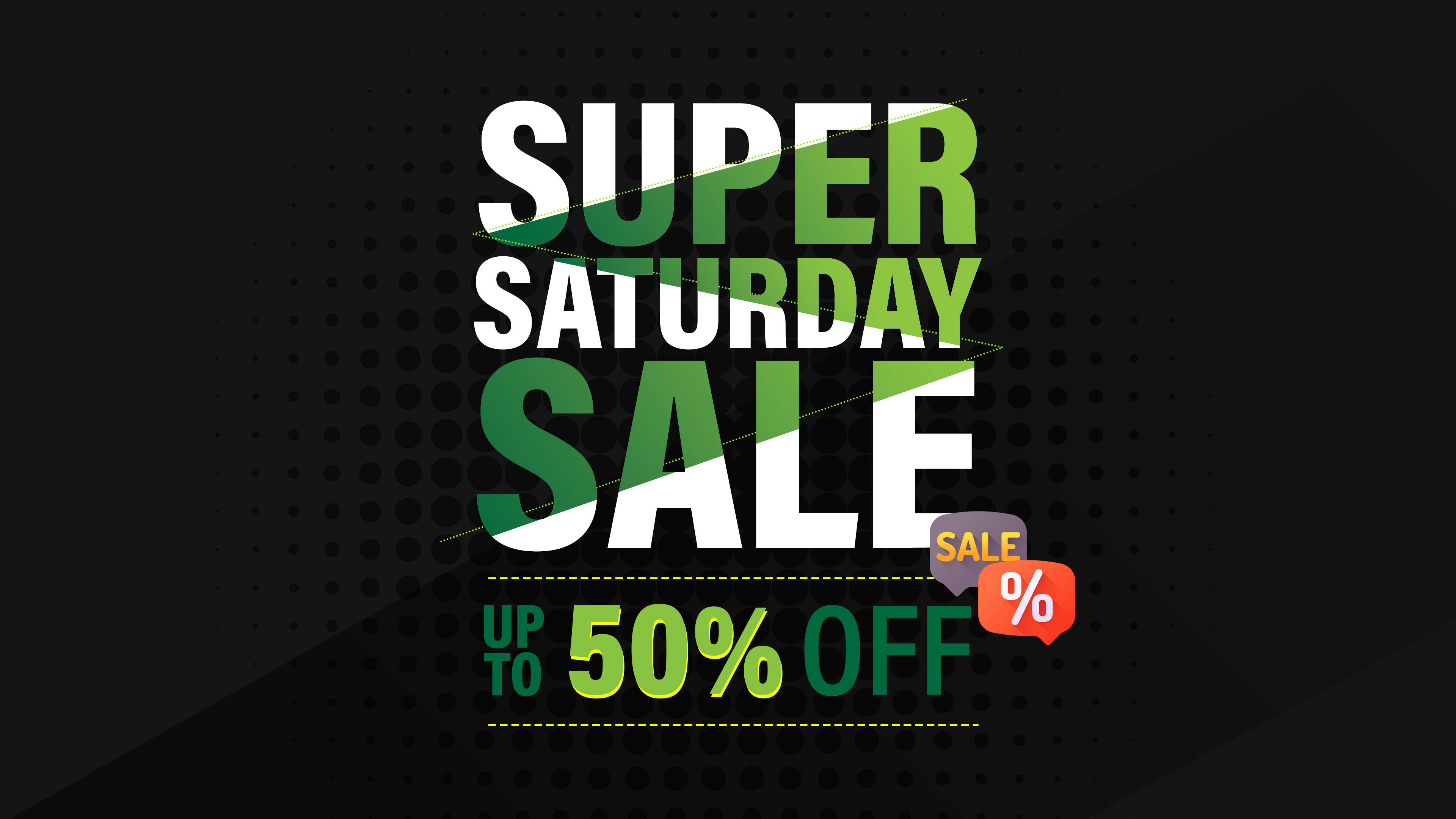 green and white, super saturday sale, black dotted background, 4K Desktop Wallpaper