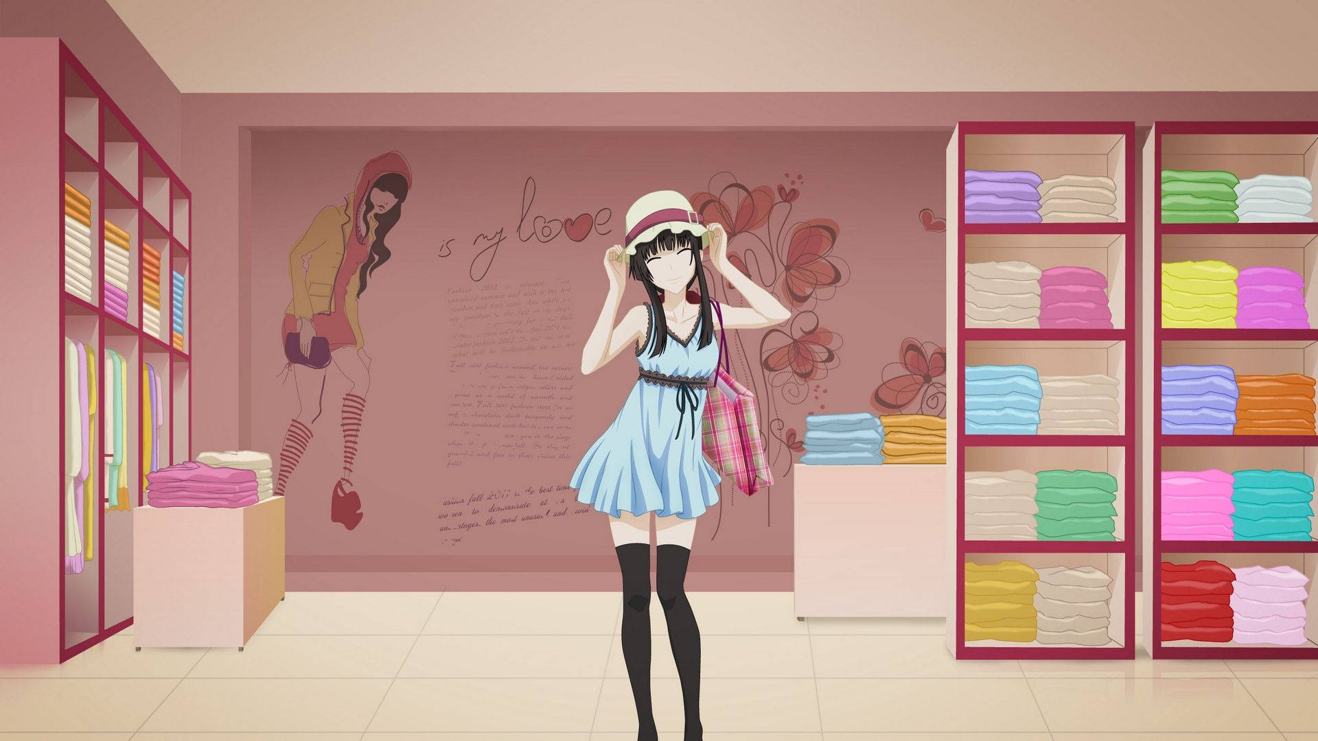 anime girl, blue dress, hat, Full HD Desktop Wallpaper