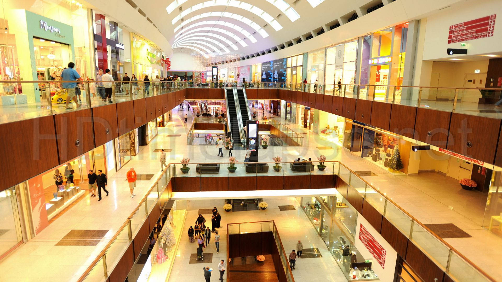 shopping mall, glass railings, wooden accents, Full HD Desktop Wallpaper