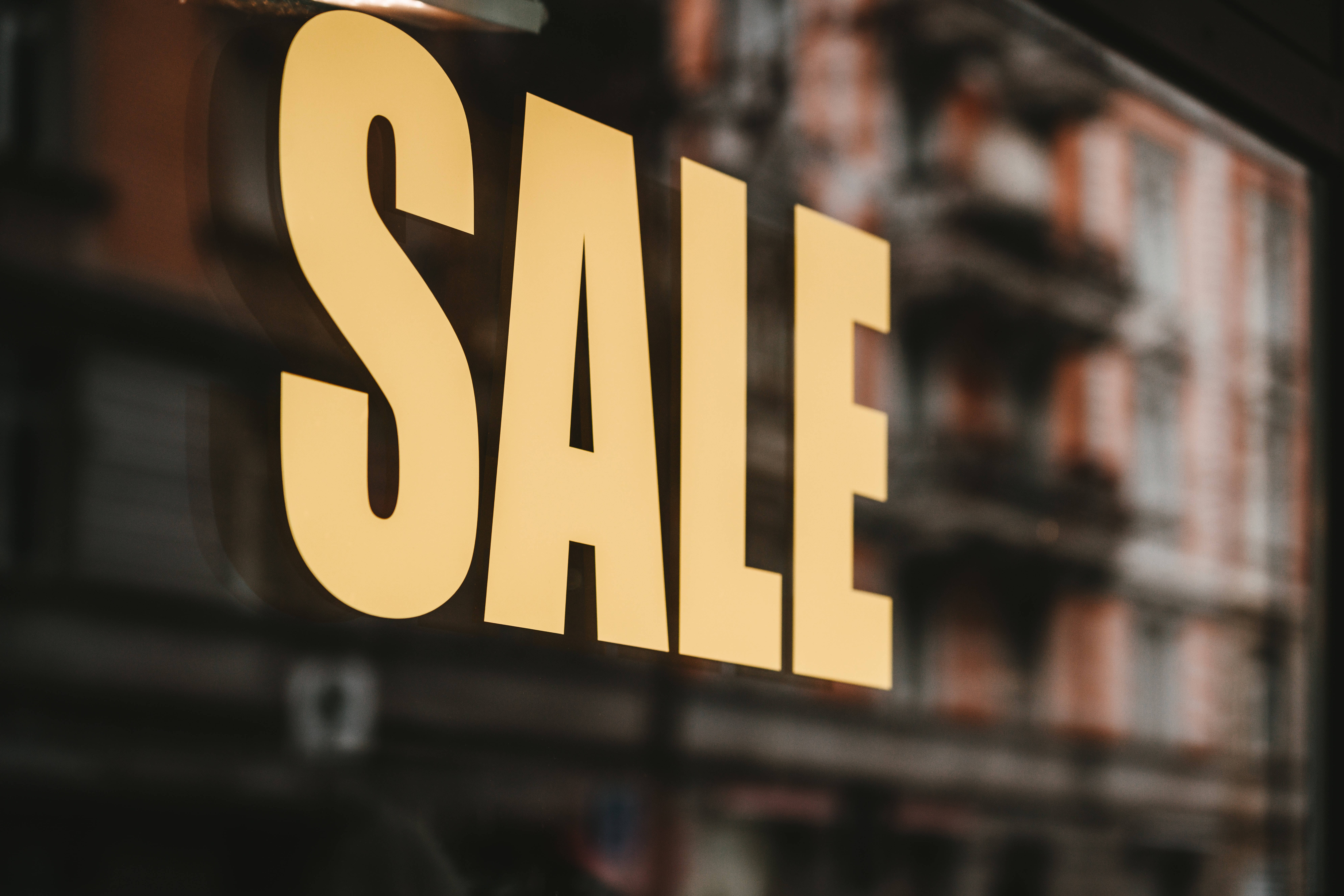SALE sign, golden, shop window, 8K Desktop Wallpaper