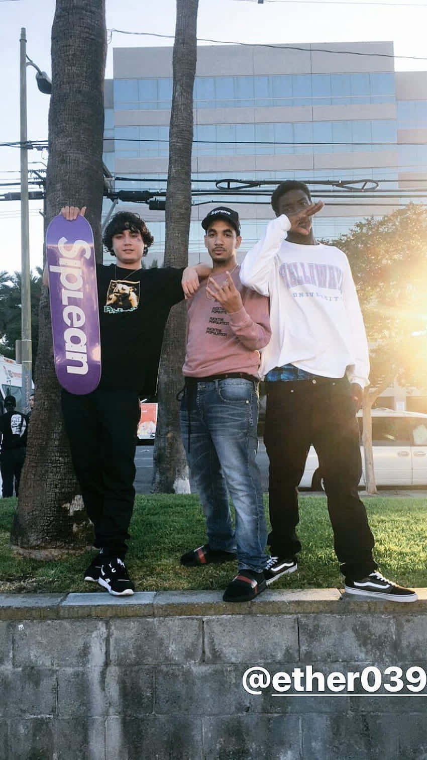 Shoreline Mafia, purple skateboard, palm trees, HD Phone Wallpaper