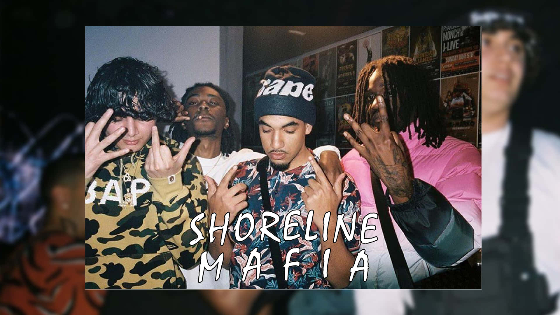 Shoreline Mafia, dimly lit room, posters on the wall, Full HD Desktop Wallpaper